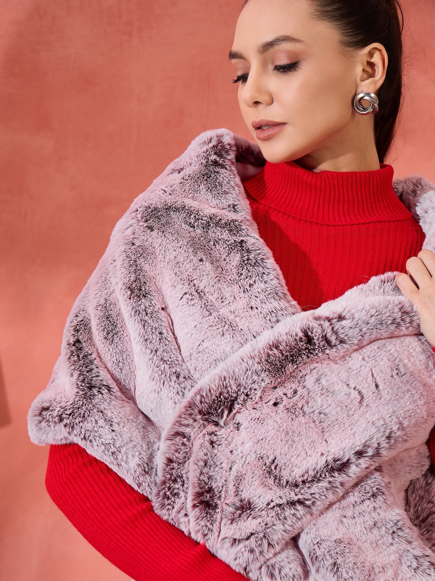 InWeave Maroon Icy Snowy Rabbit Faux Fur Cape 