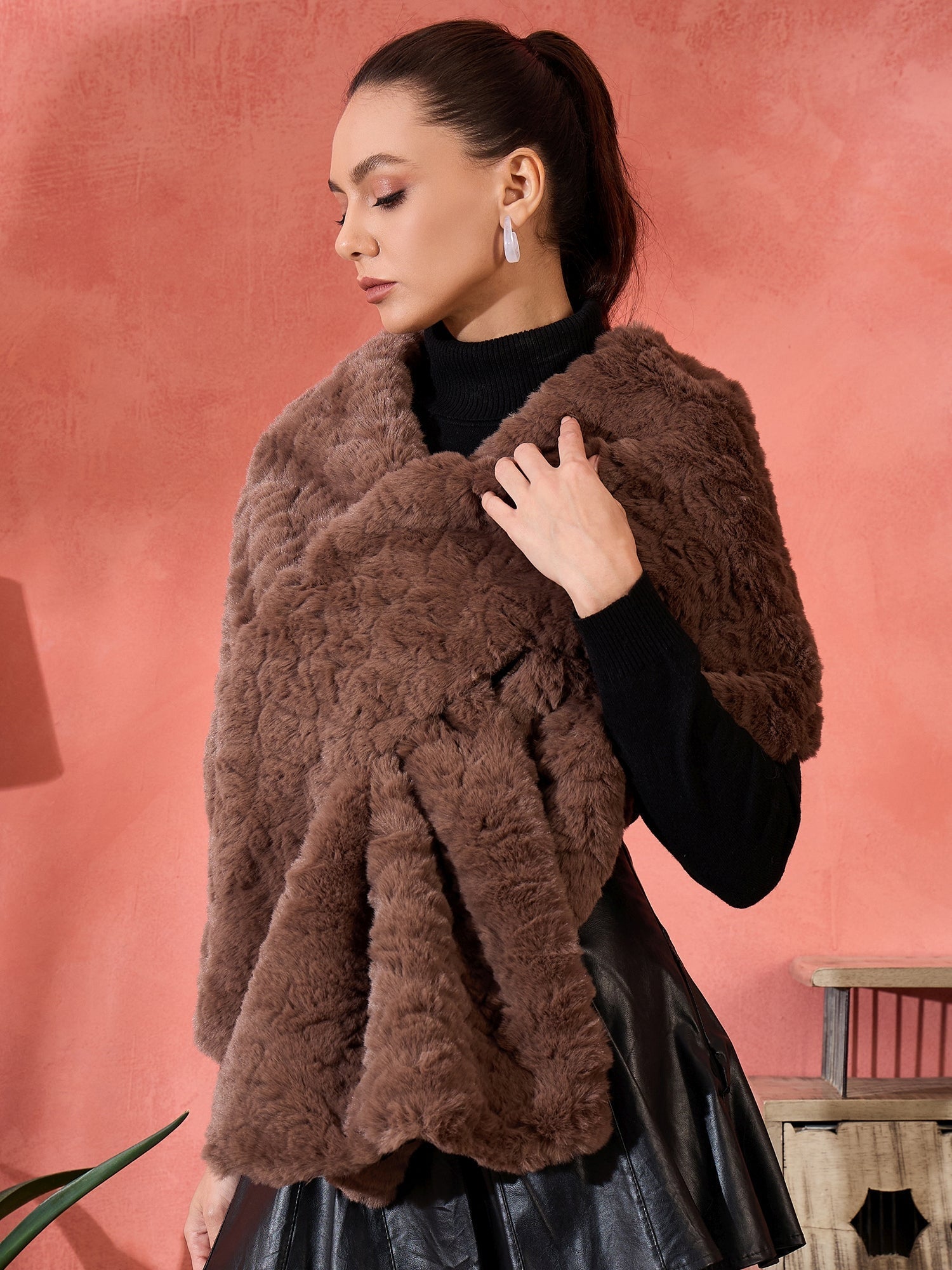InWeave Dull Brown Rabbit Faux Fur Cape 