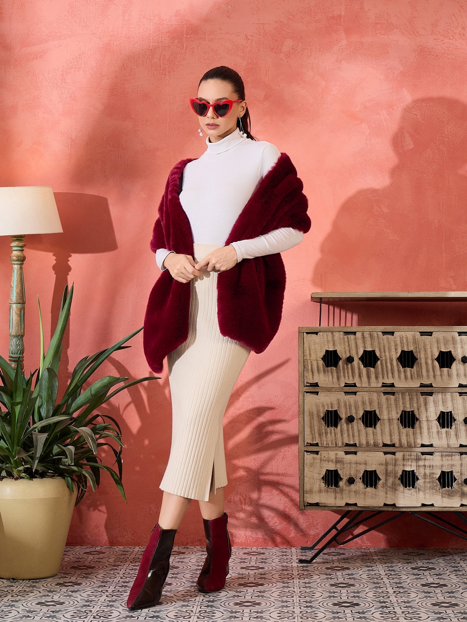InWeave Burgundy Faux Fur Cape 