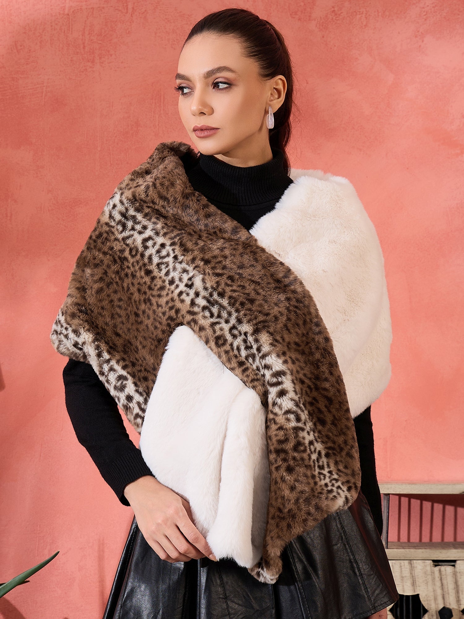 InWeave Brown Leopard Half White Rabbit Faux Fur Cape 