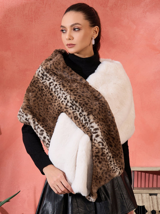 InWeave Brown Leopard Half White Rabbit Faux Fur Cape 