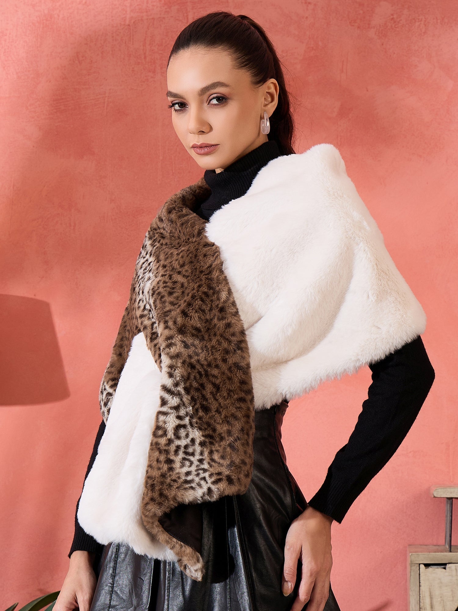 InWeave Brown Leopard Half White Rabbit Faux Fur Cape 