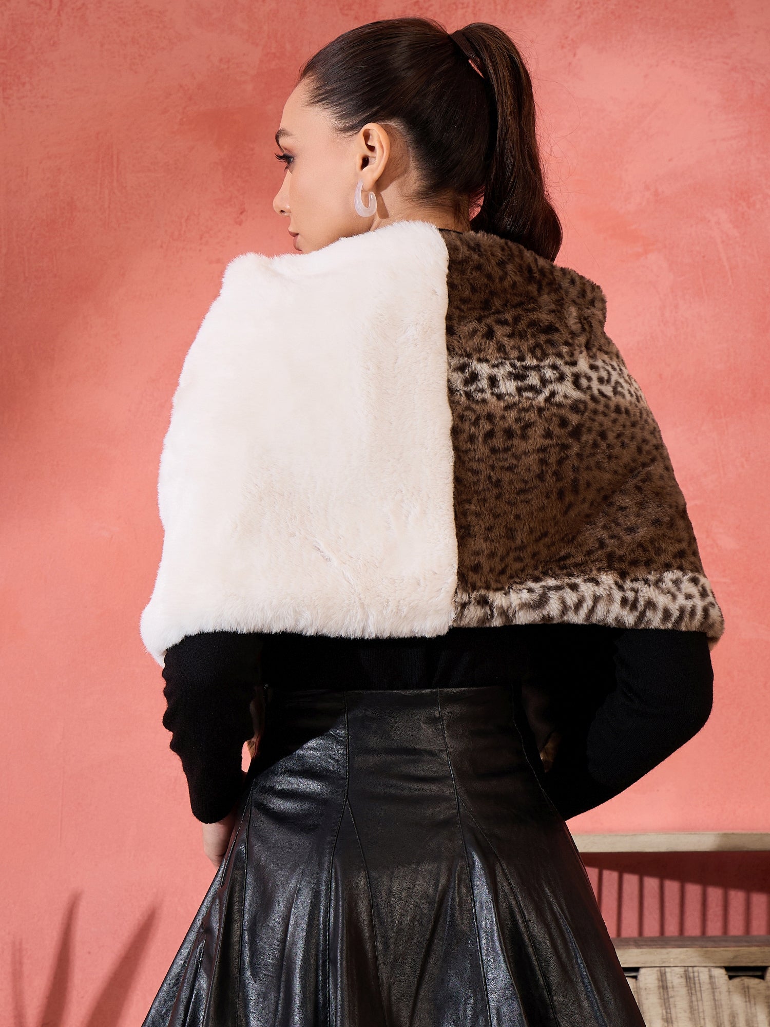 InWeave Brown Leopard Half White Rabbit Faux Fur Cape 