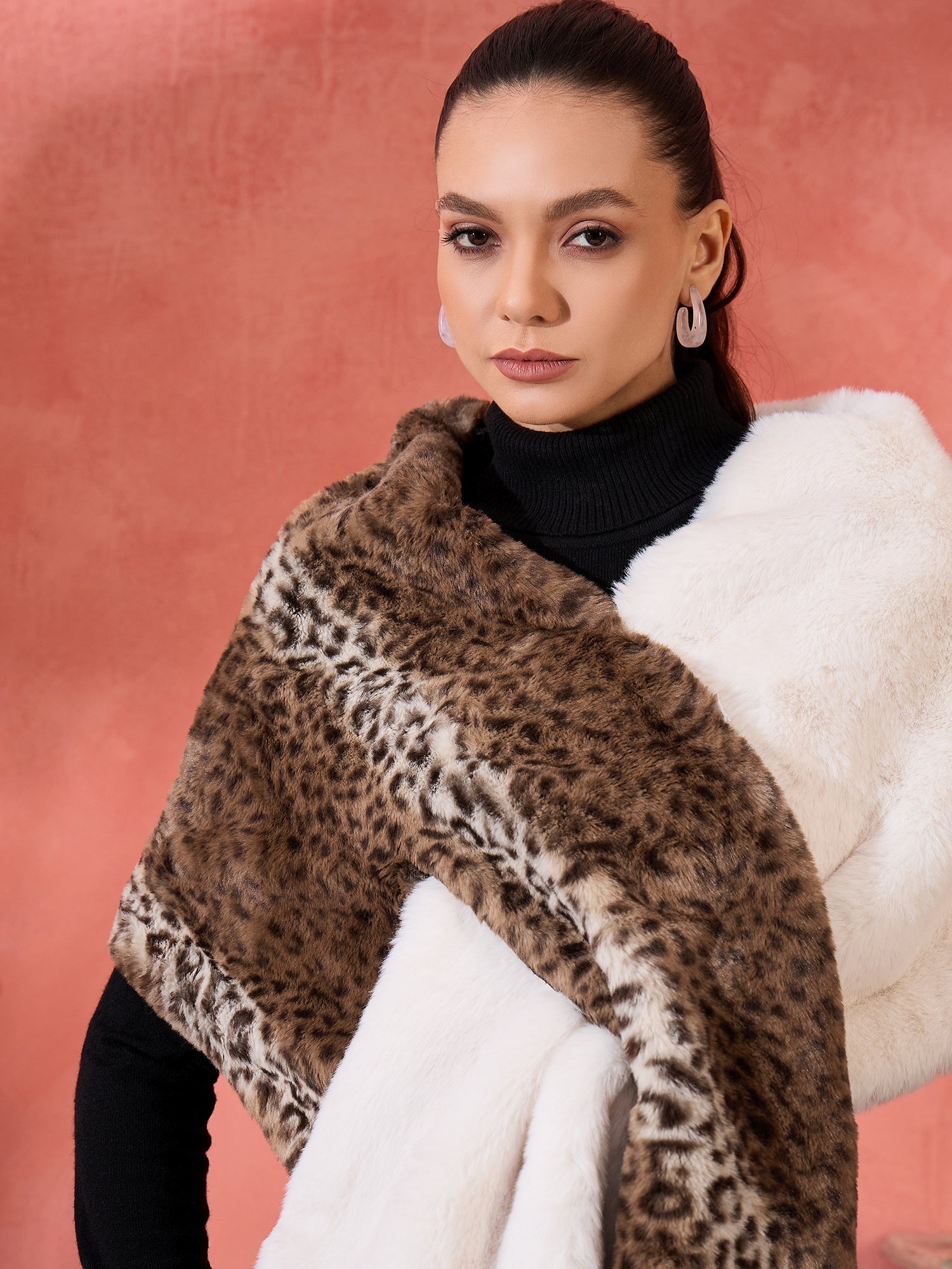 InWeave Brown Leopard Half White Rabbit Faux Fur Cape 