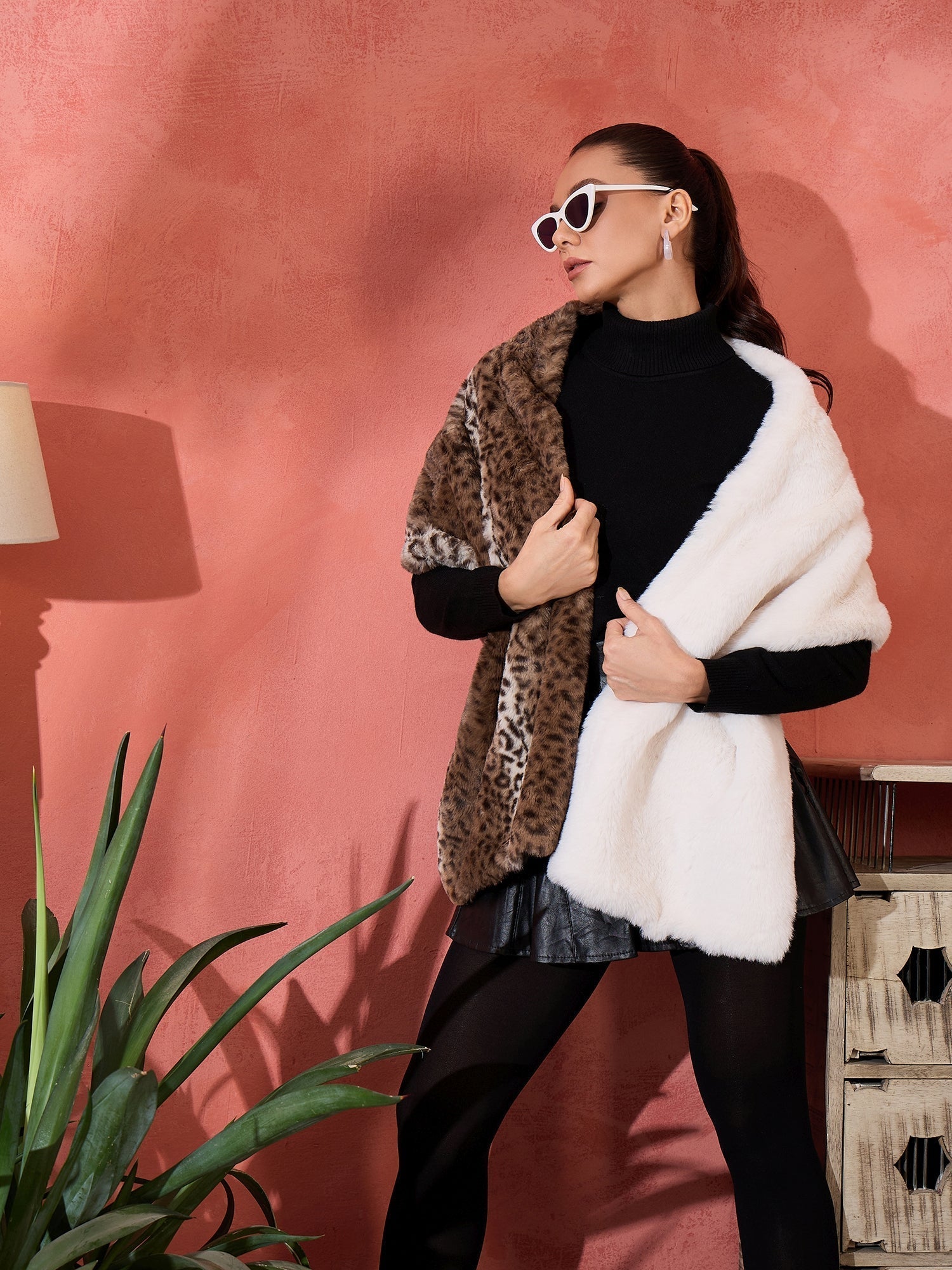 InWeave Brown Leopard Half White Rabbit Faux Fur Cape 