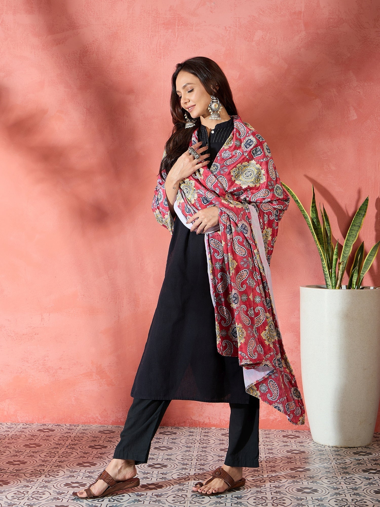 InWeave Red Printed Velvet Shawl 