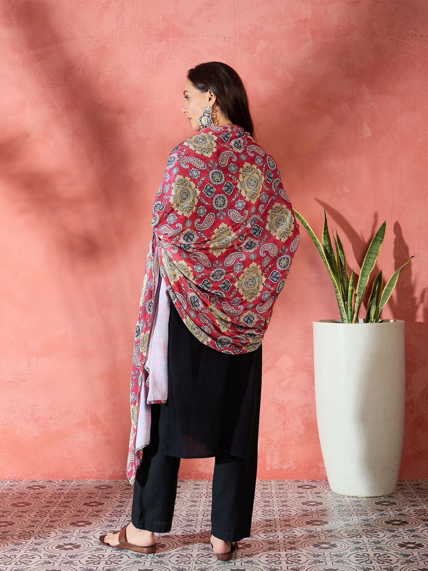 InWeave Red Printed Velvet Shawl 