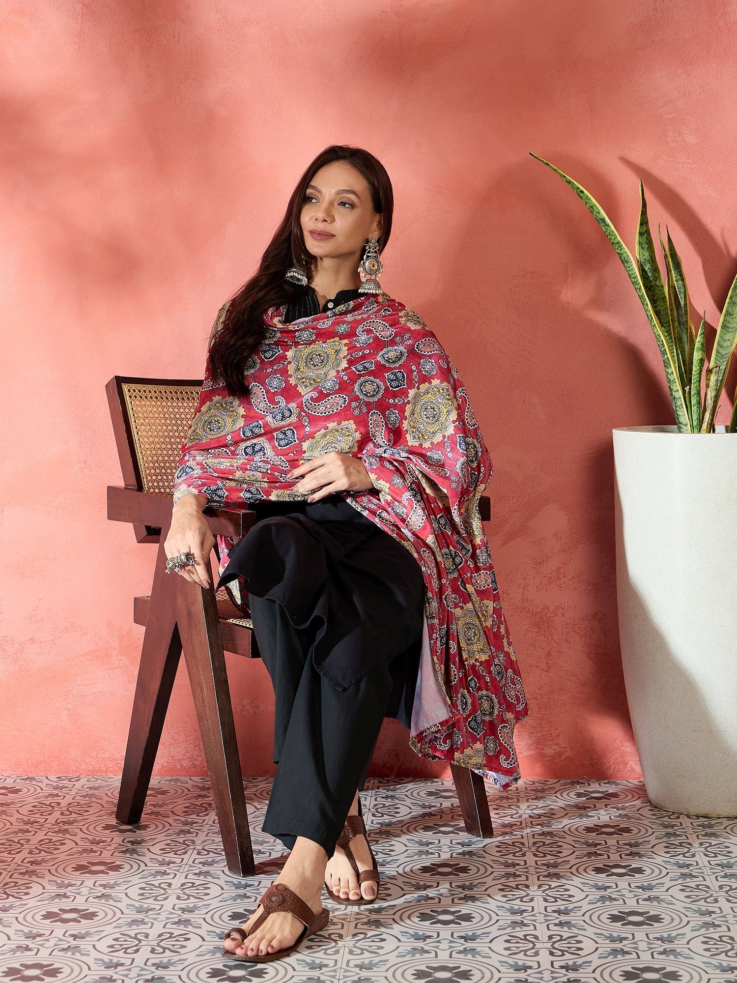 InWeave Red Printed Velvet Shawl 
