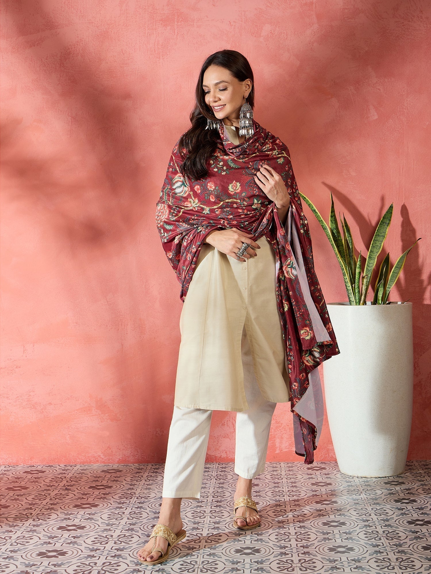 InWeave Maroon Printed Velvet Shawl 