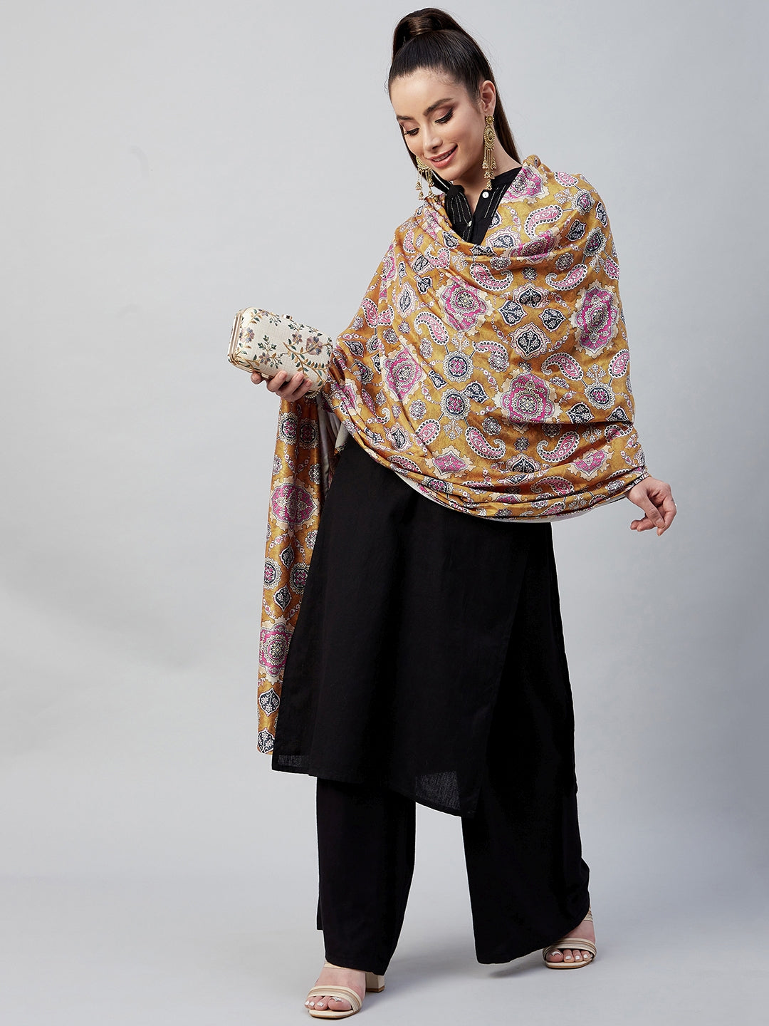 InWeave Yellow Printed Velvet Shawl 