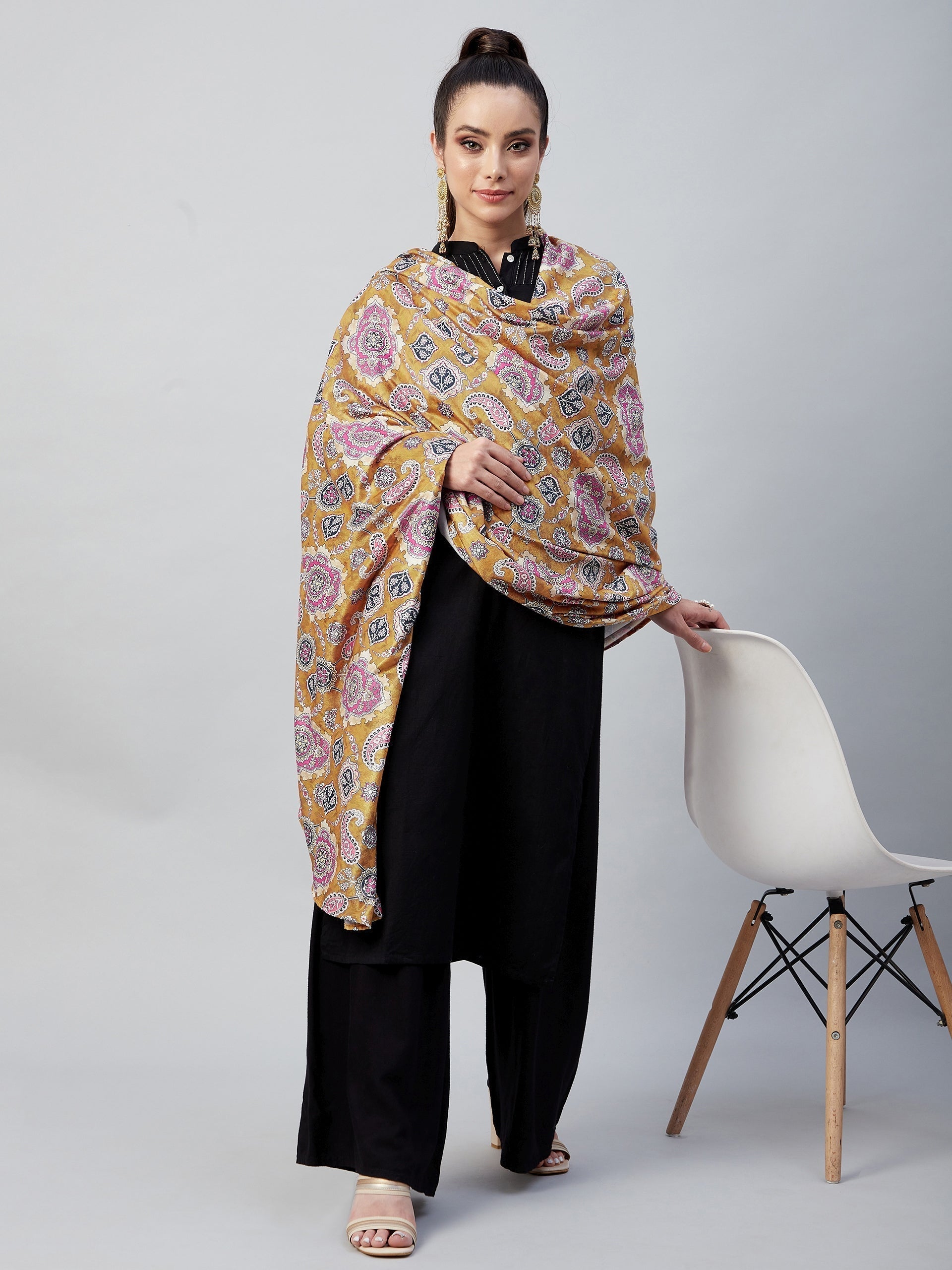 InWeave Yellow Printed Velvet Shawl 