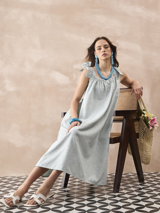 InWeave Pistachio Linen Pleat Bow Dress
