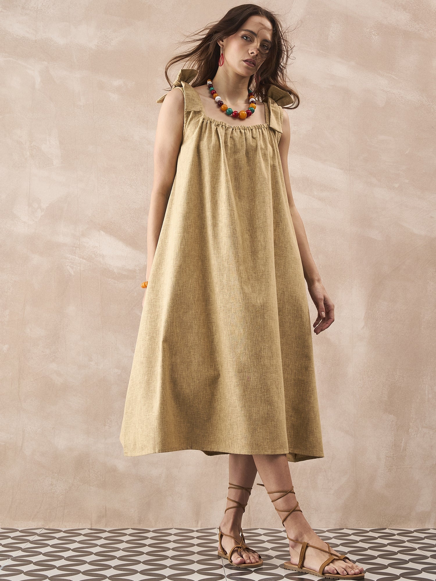 InWeave Dull Khaki Linen Pleat Bow Dress 