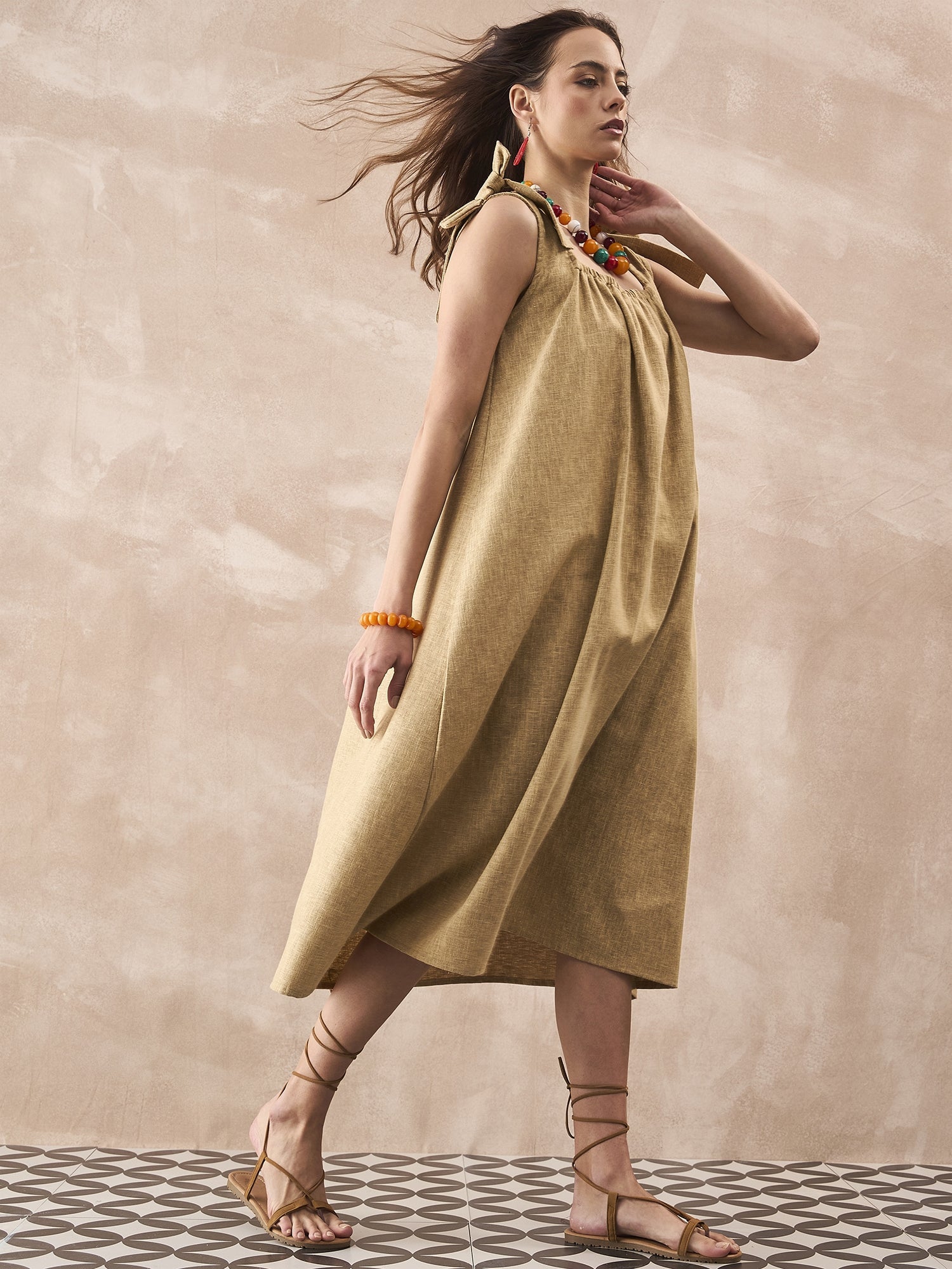 InWeave Dull Khaki Linen Pleat Bow Dress 