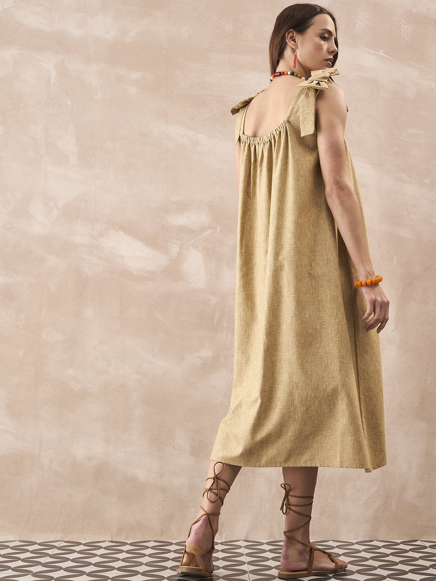 InWeave Dull Khaki Linen Pleat Bow Dress 