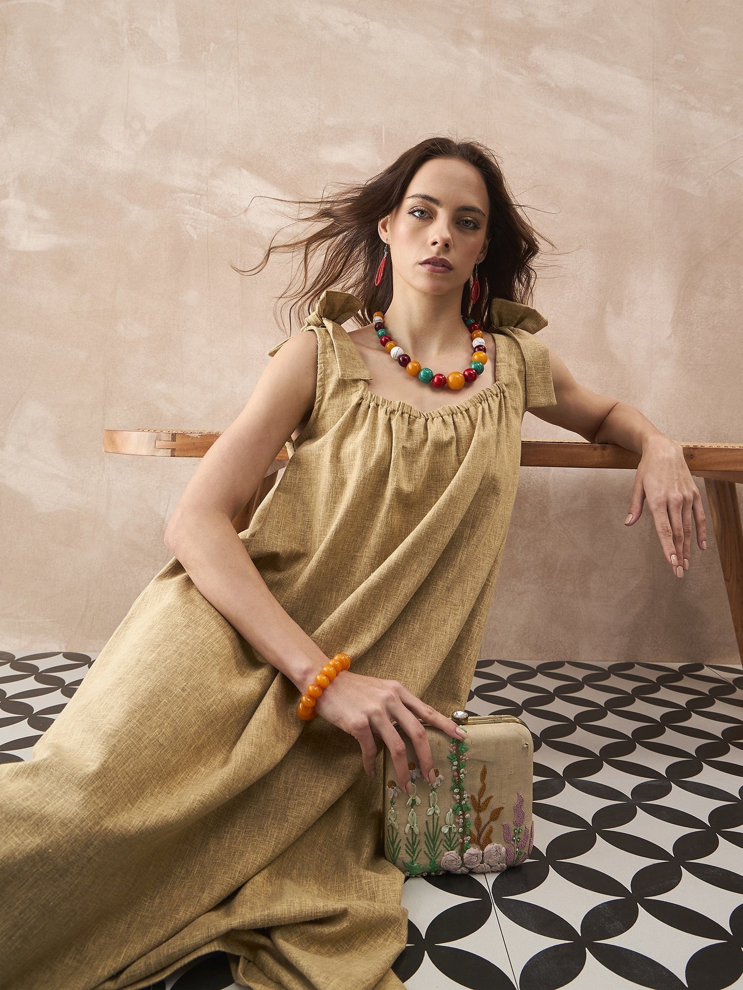InWeave Dull Khaki Linen Pleat Bow Dress 