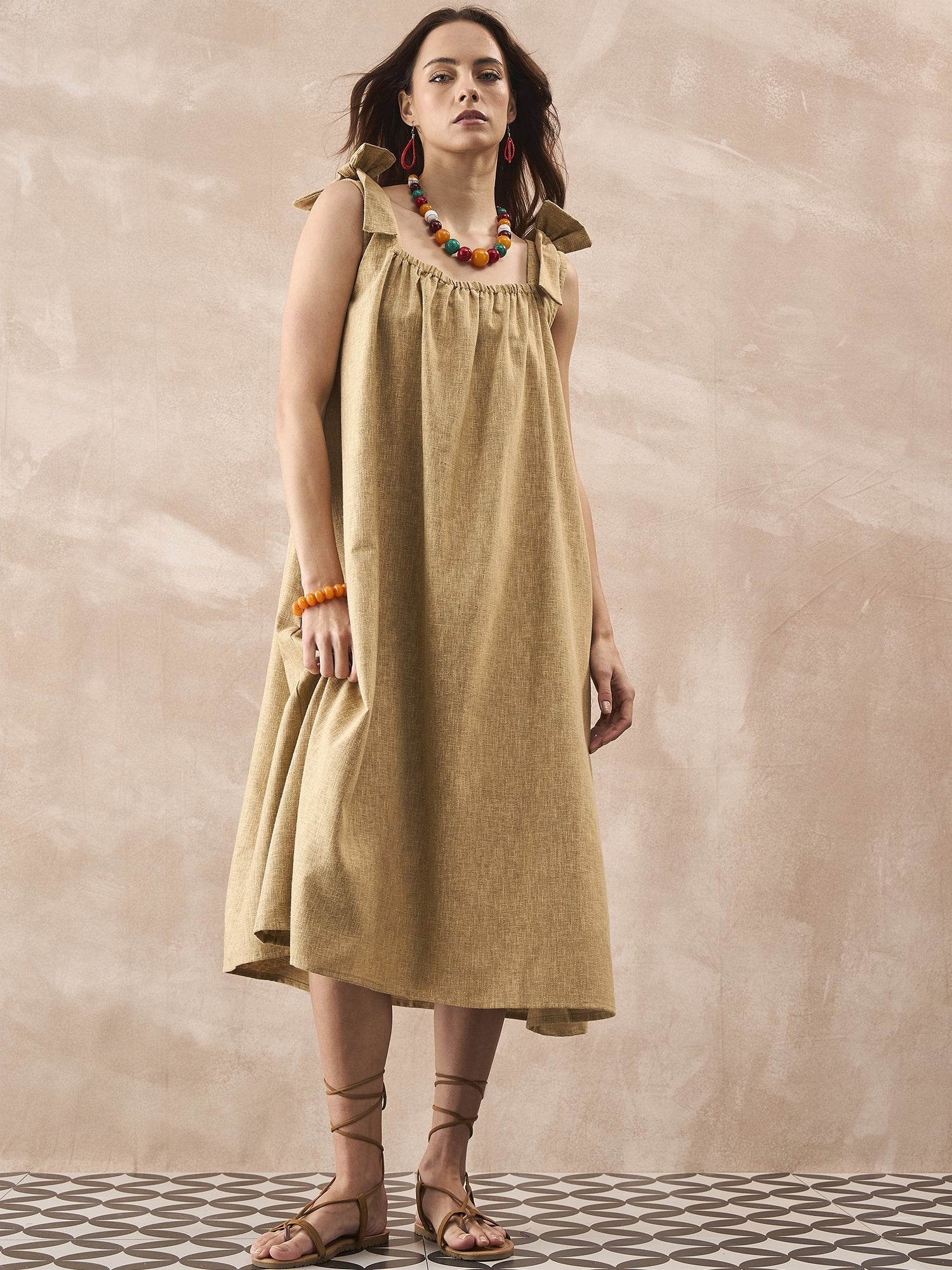 InWeave Dull Khaki Linen Pleat Bow Dress 