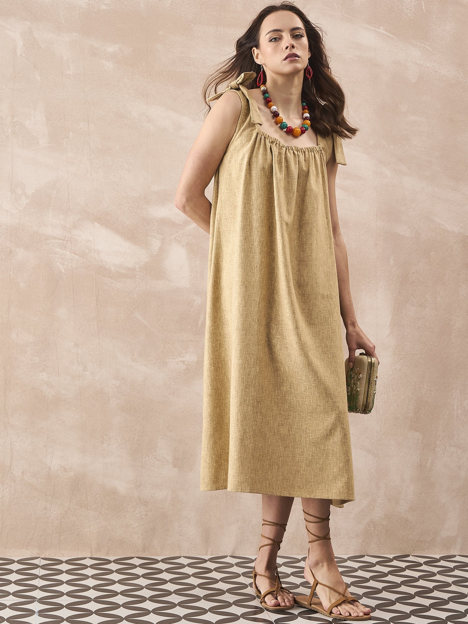 InWeave Dull Khaki Linen Pleat Bow Dress 