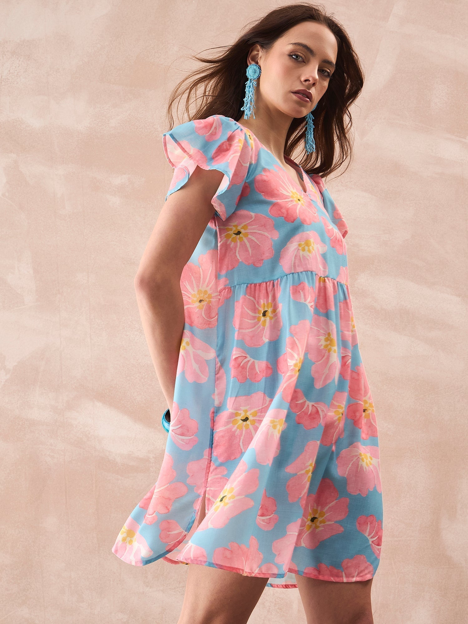 InWeave Skyblue Peach Short Dress 
