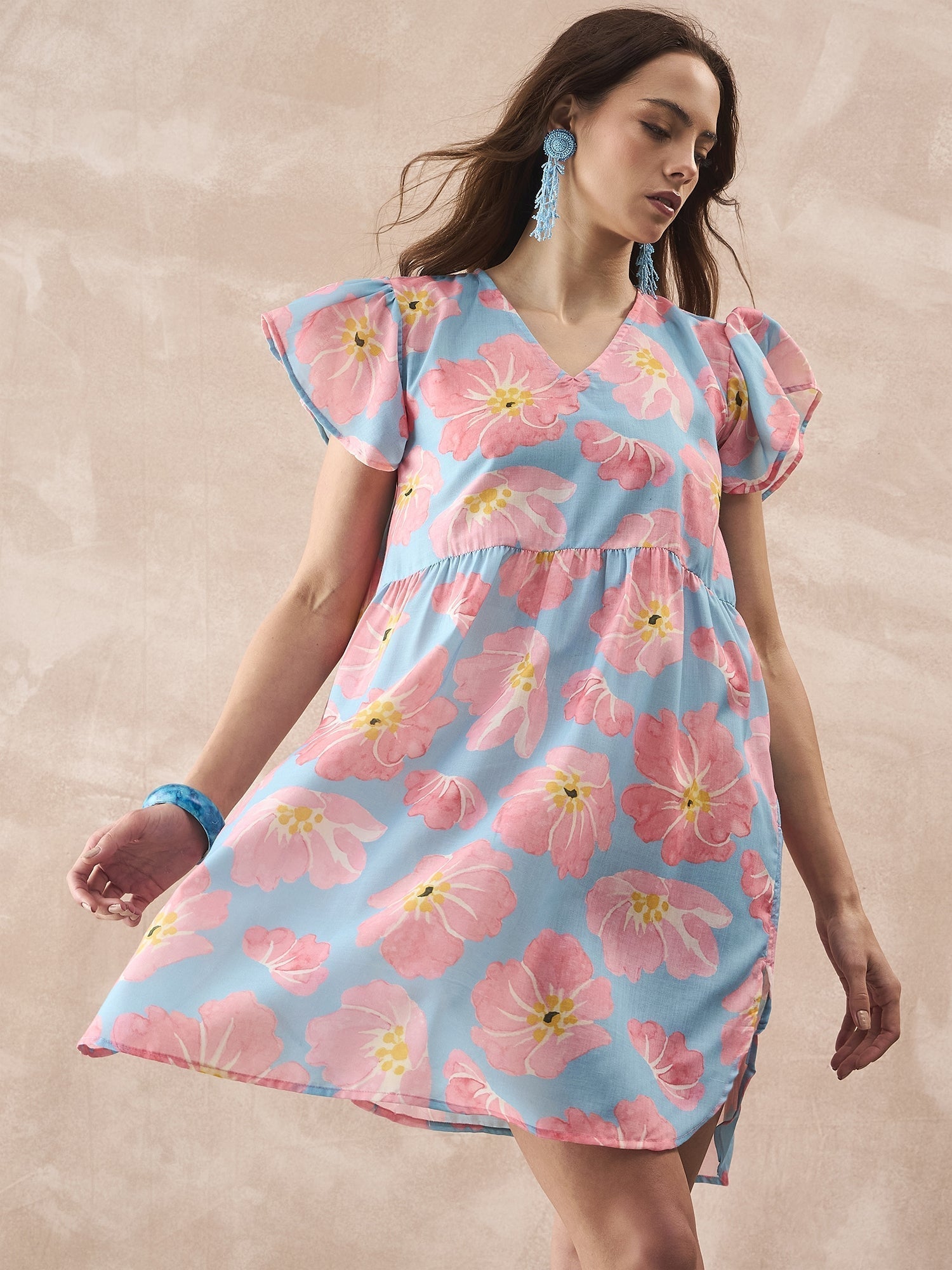 InWeave Skyblue Peach Short Dress 