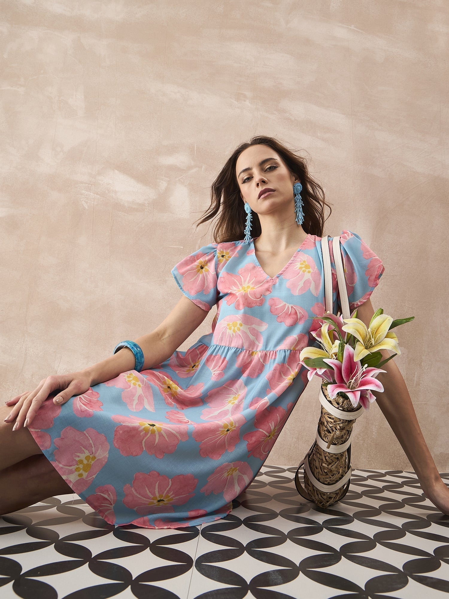 InWeave Skyblue Peach Short Dress 