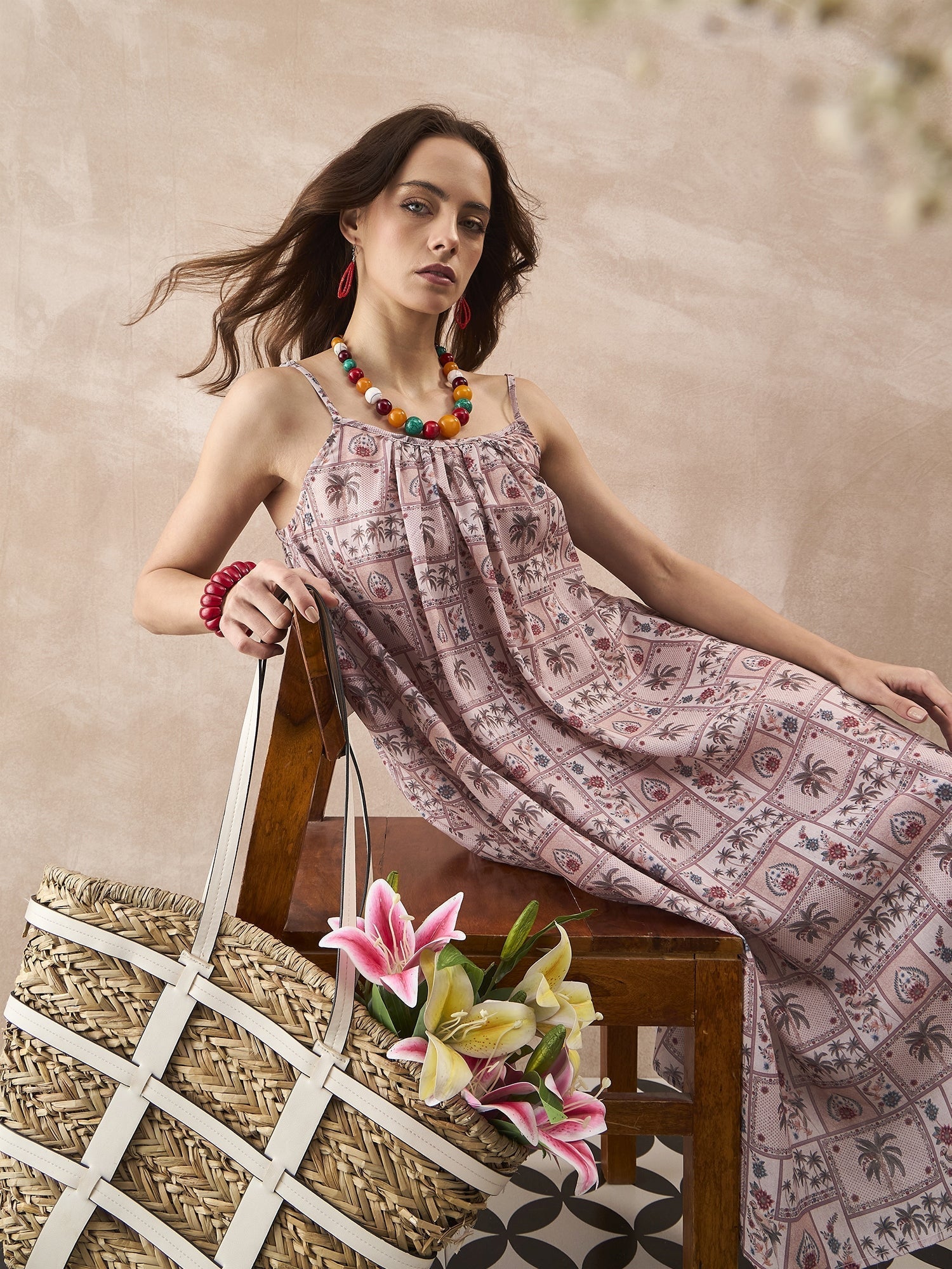 InWeave Ivory Tree Parrot Strappy Dress 