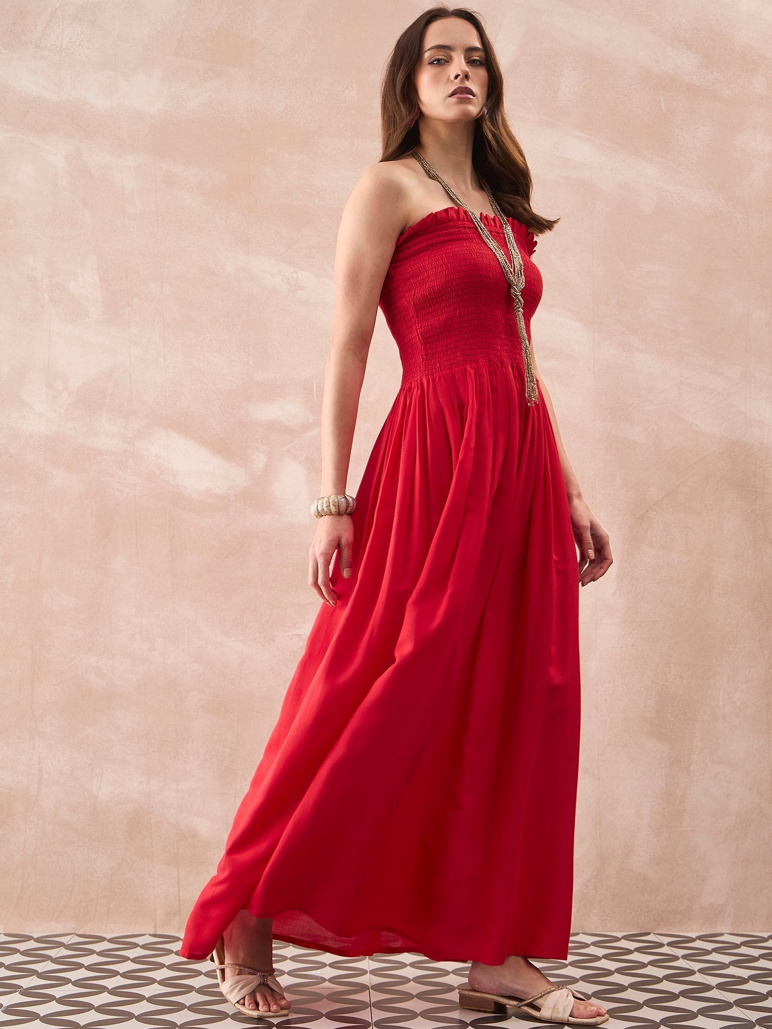 InWeave Red Solid Off Shoulder Dress 