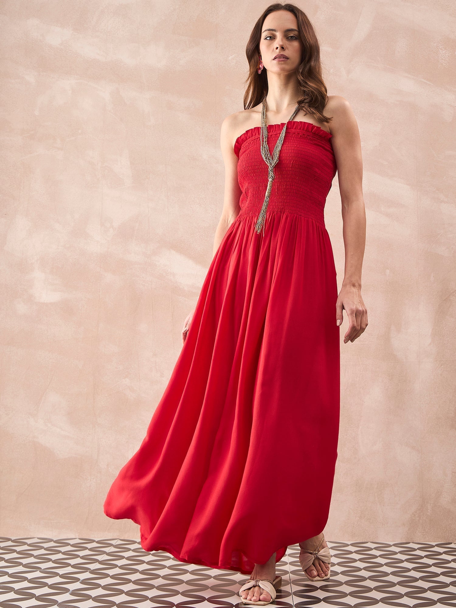 InWeave Red Solid Off Shoulder Dress 