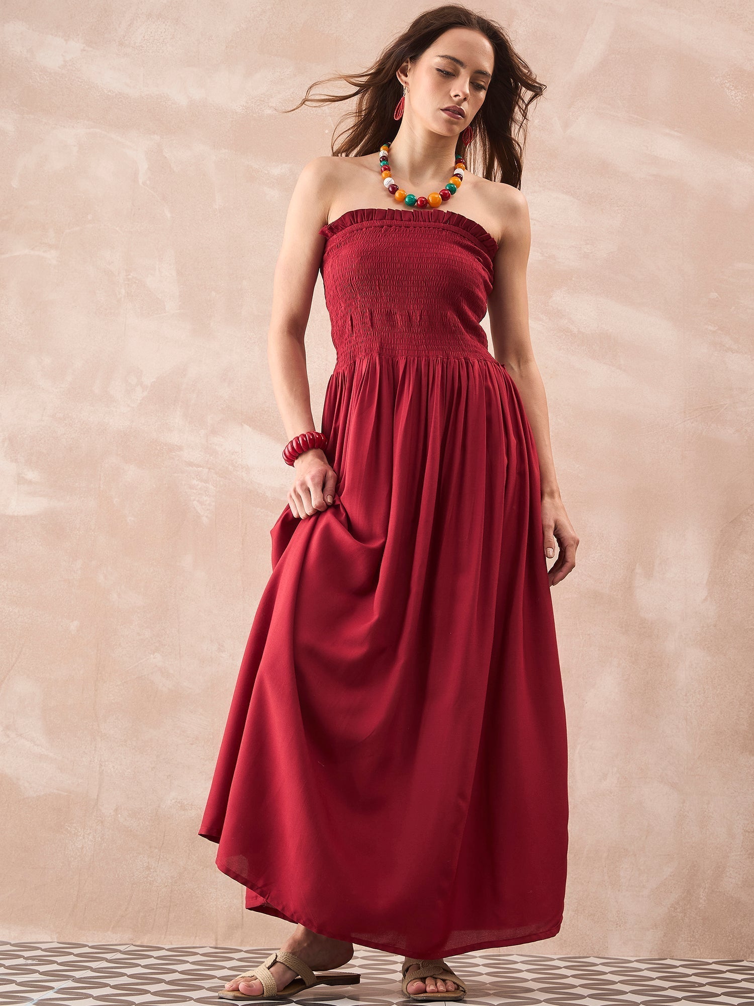 InWeave Maroon Solid Off Shoulder Dress 