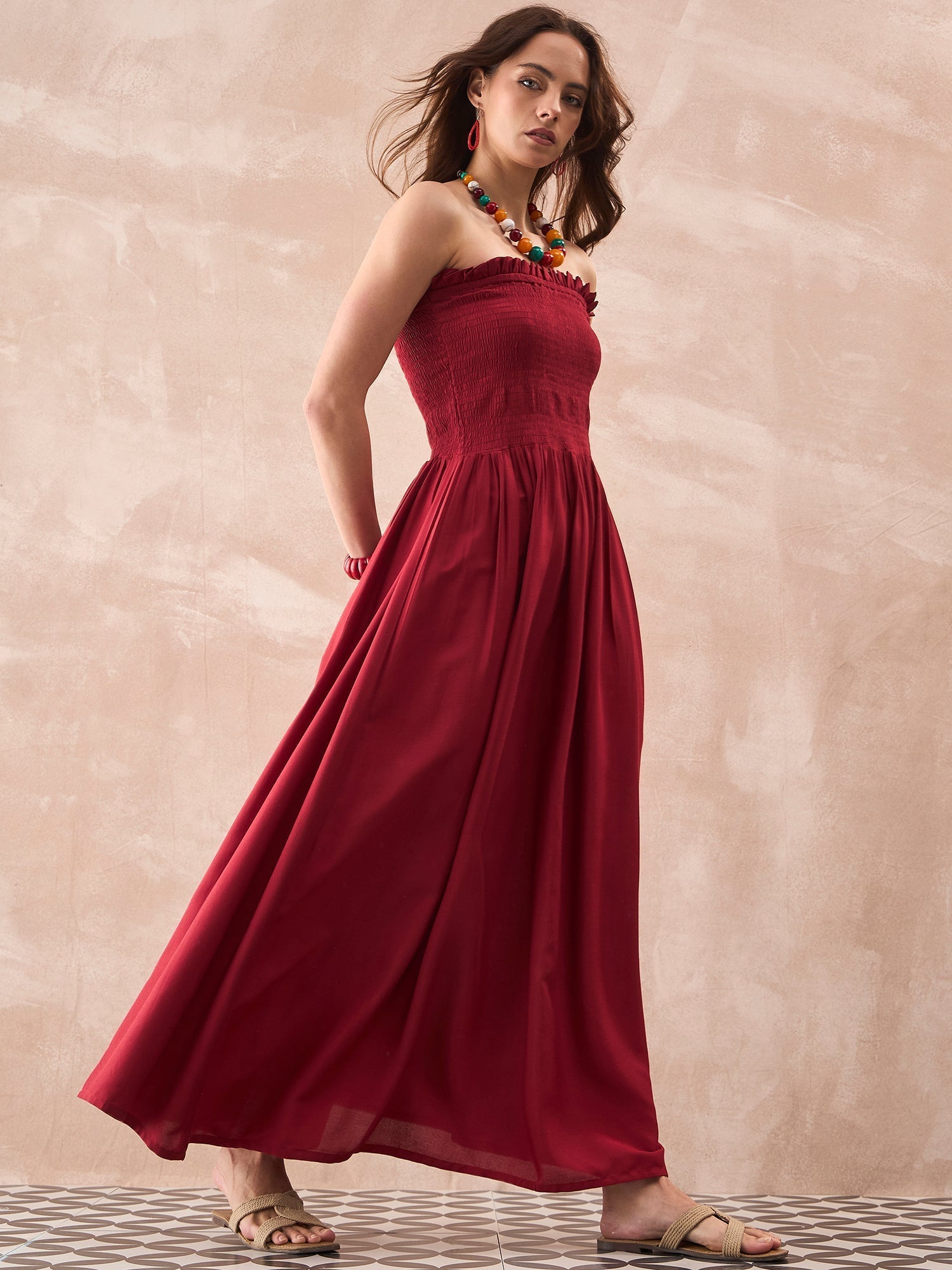 InWeave Maroon Solid Off Shoulder Dress 