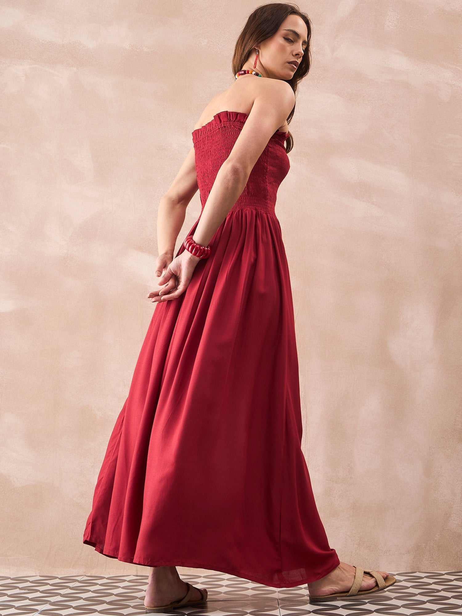 InWeave Maroon Solid Off Shoulder Dress 