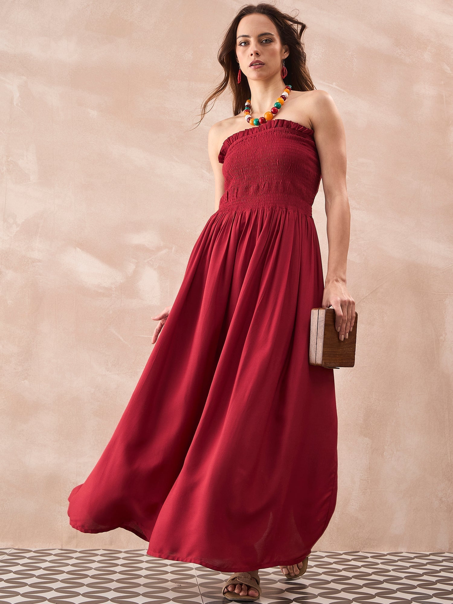 InWeave Maroon Solid Off Shoulder Dress 