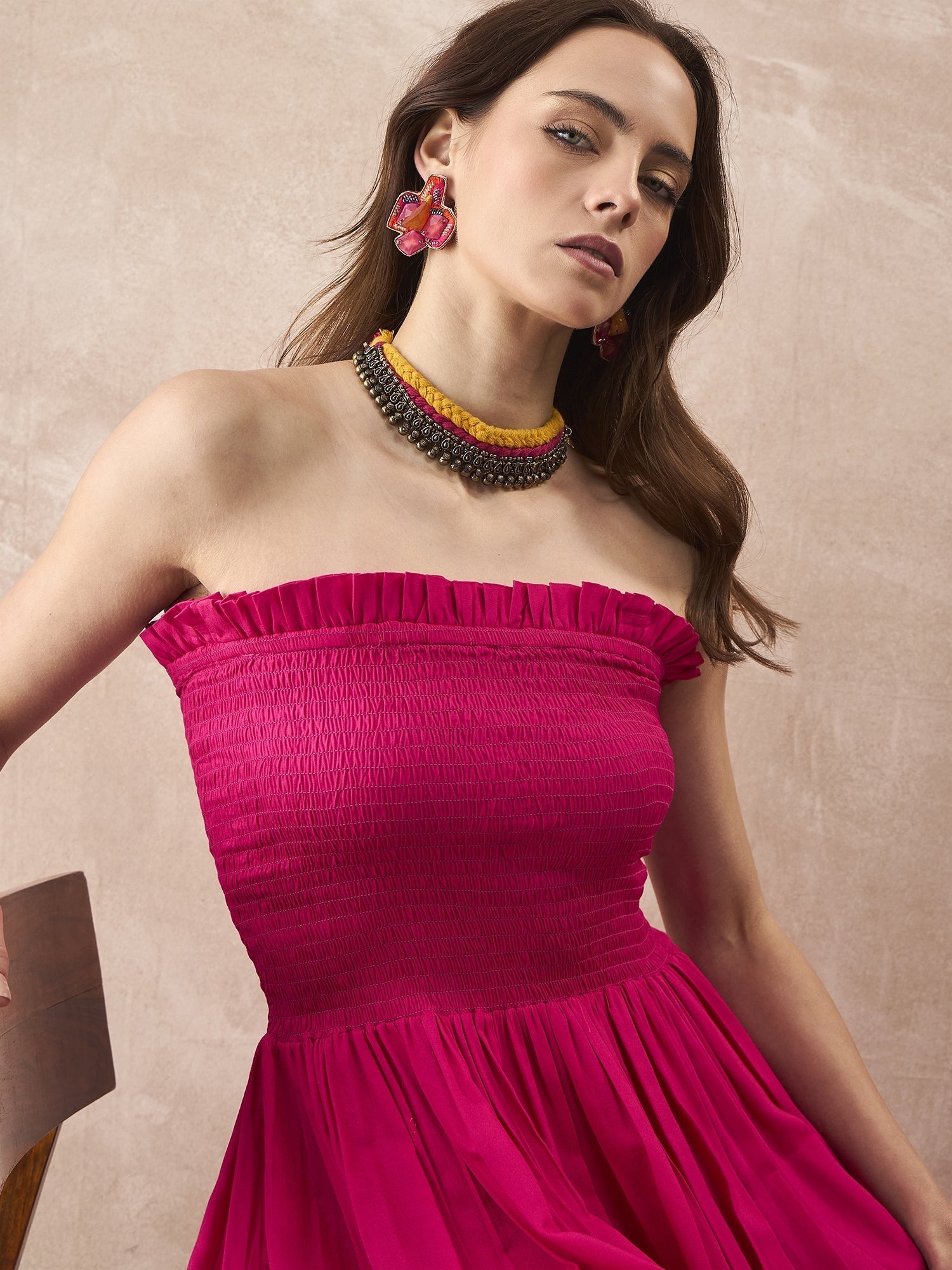 InWeave Fuchsia Solid Off Shoulder Dress 