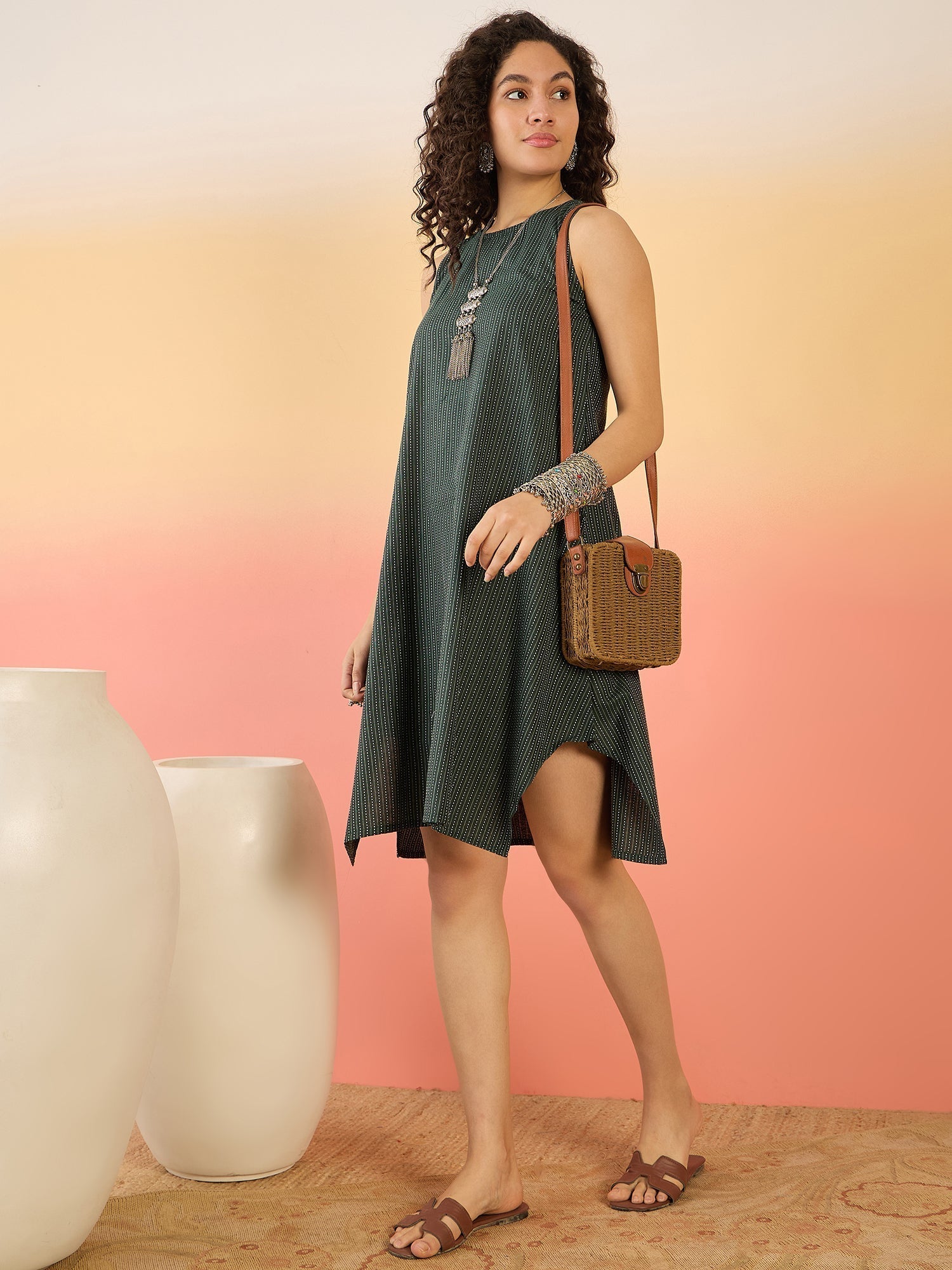 InWeave Dark Green Kantha R Neck W/S Dress 