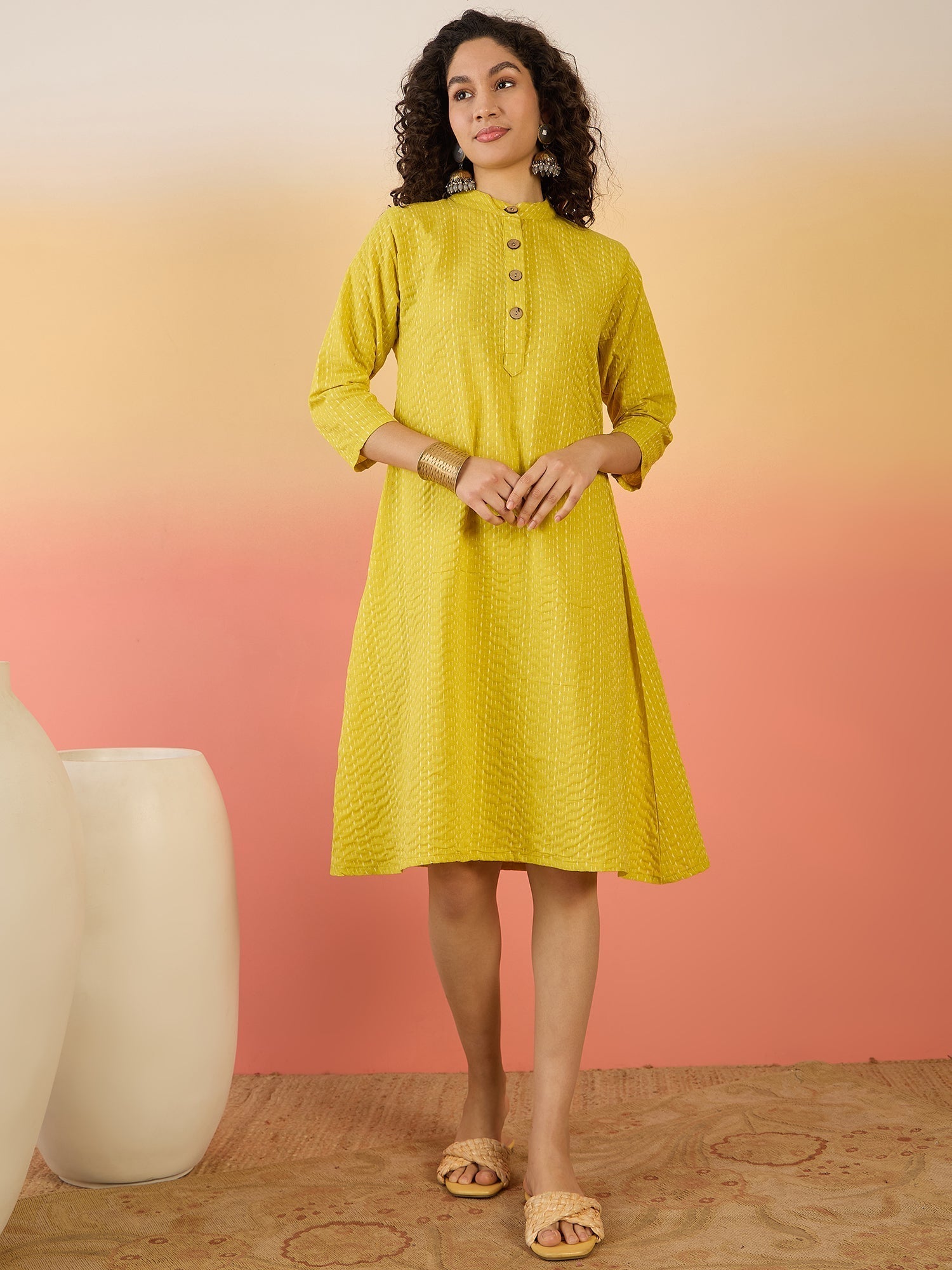 InWeave Yellow Kantha Mandarin Button Dress 