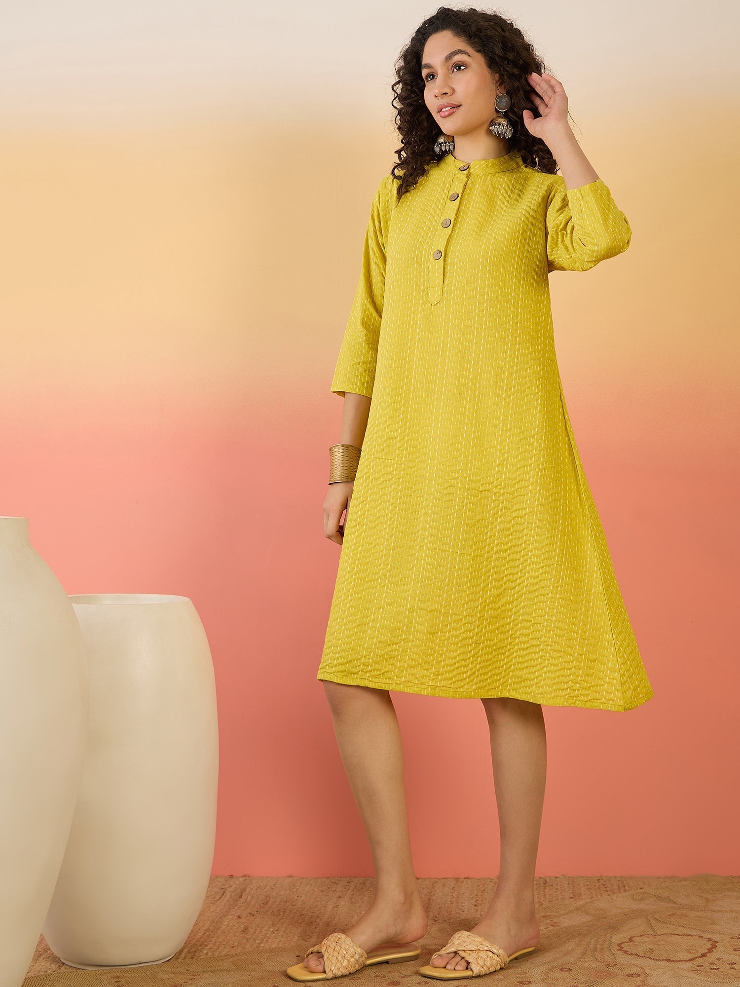 InWeave Yellow Kantha Mandarin Button Dress 