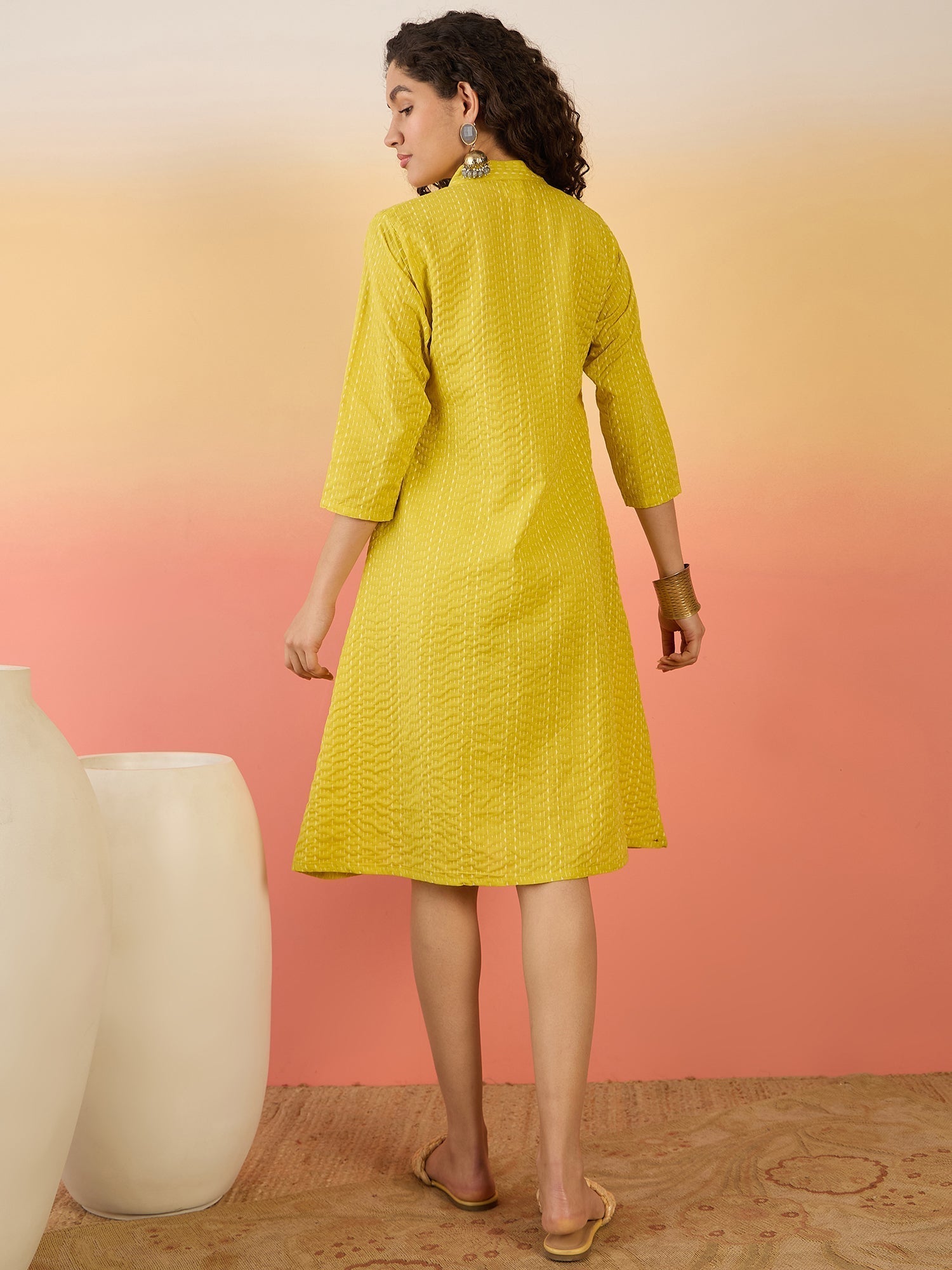InWeave Yellow Kantha Mandarin Button Dress 