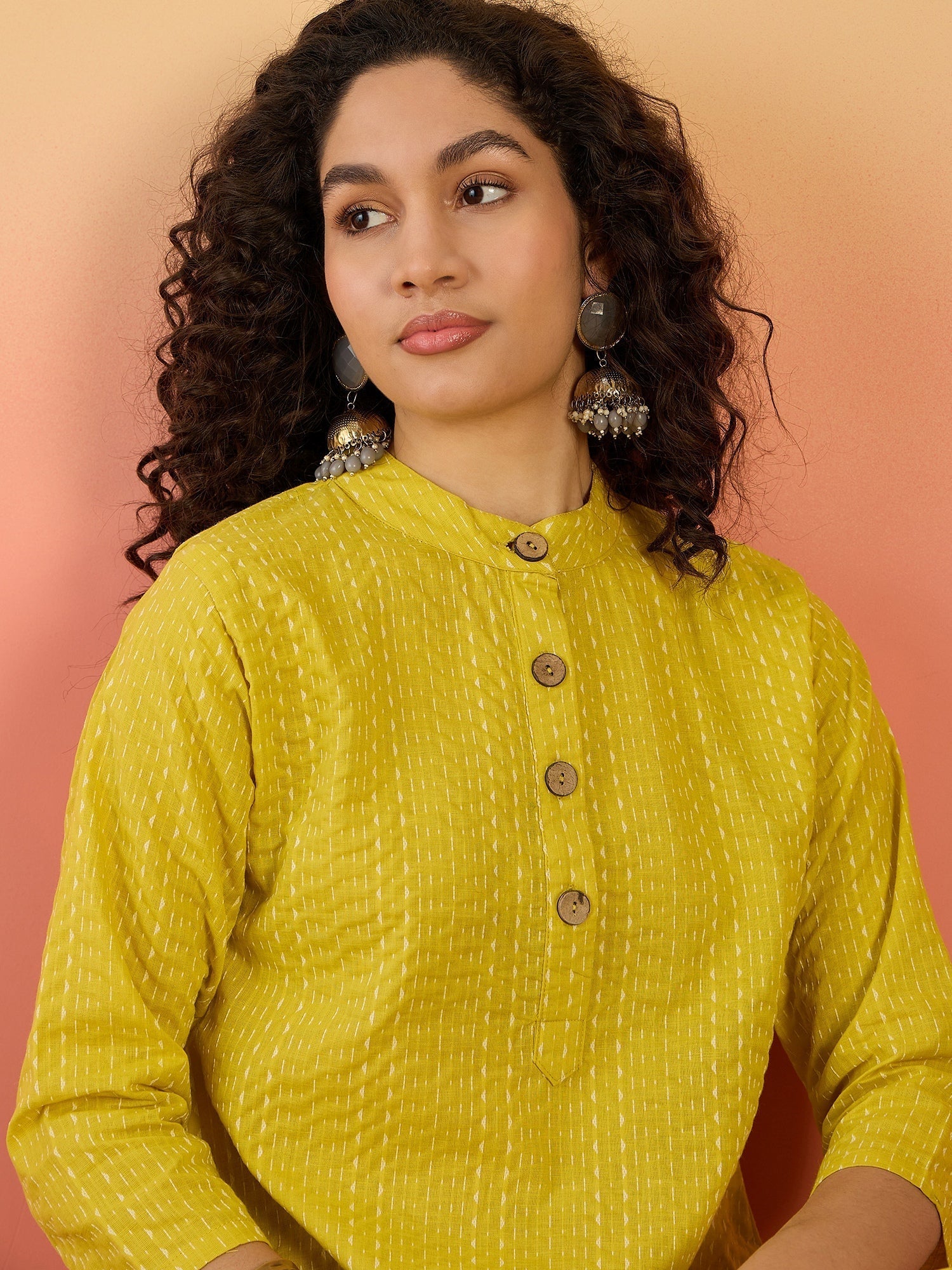 InWeave Yellow Kantha Mandarin Button Dress 