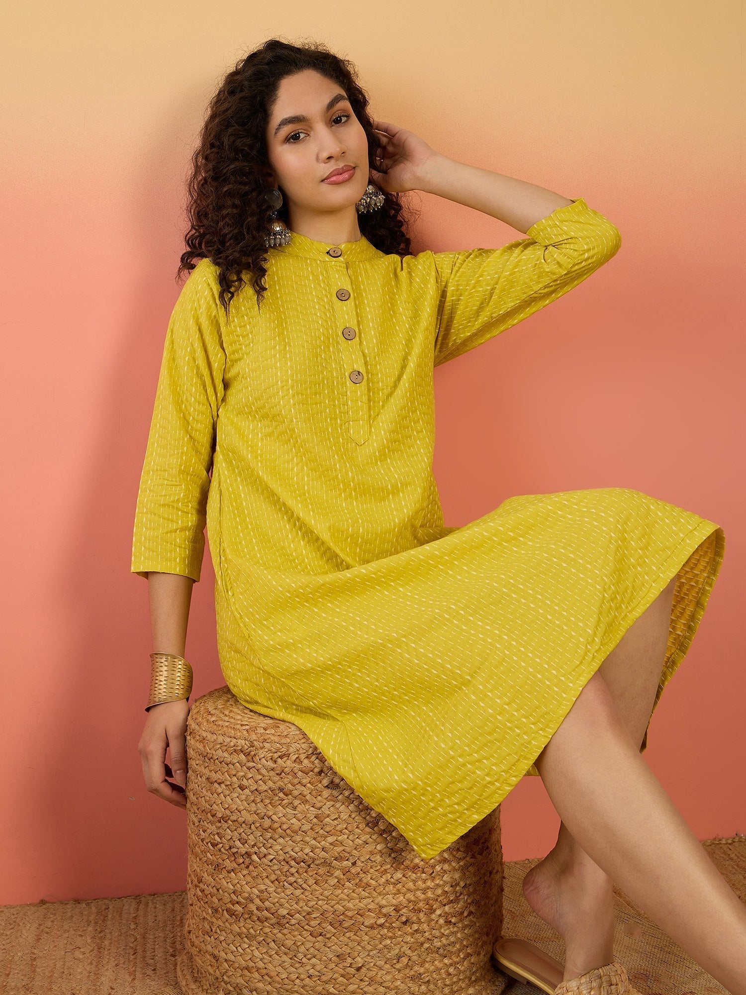 InWeave Yellow Kantha Mandarin Button Dress 