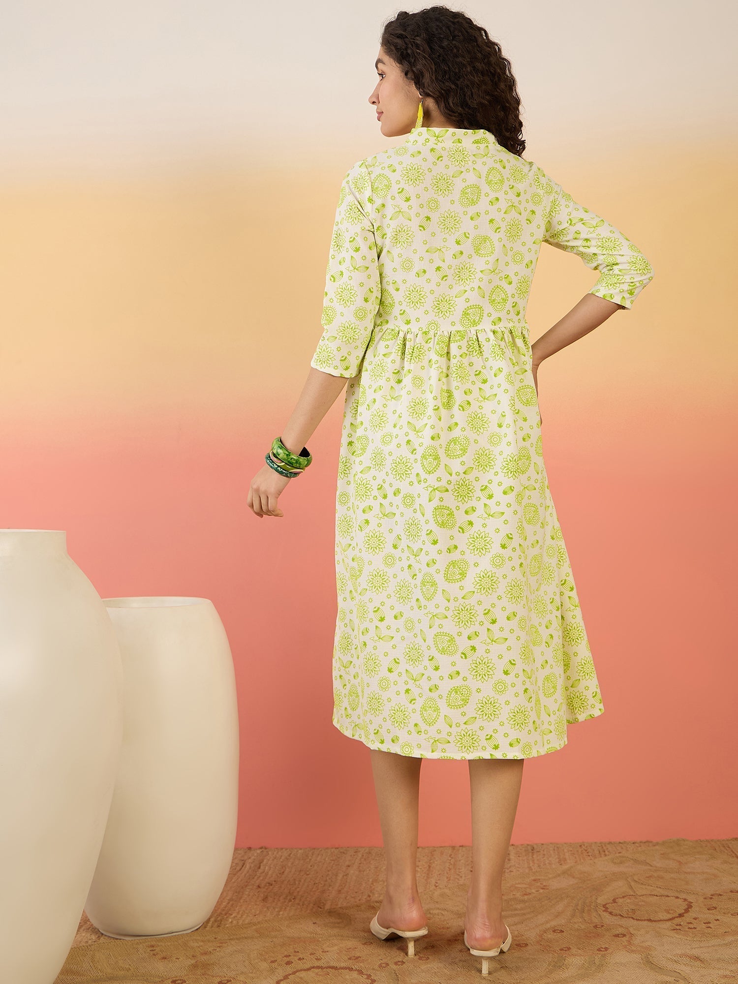 InWeave Green White Rubber Print Flared Dress 
