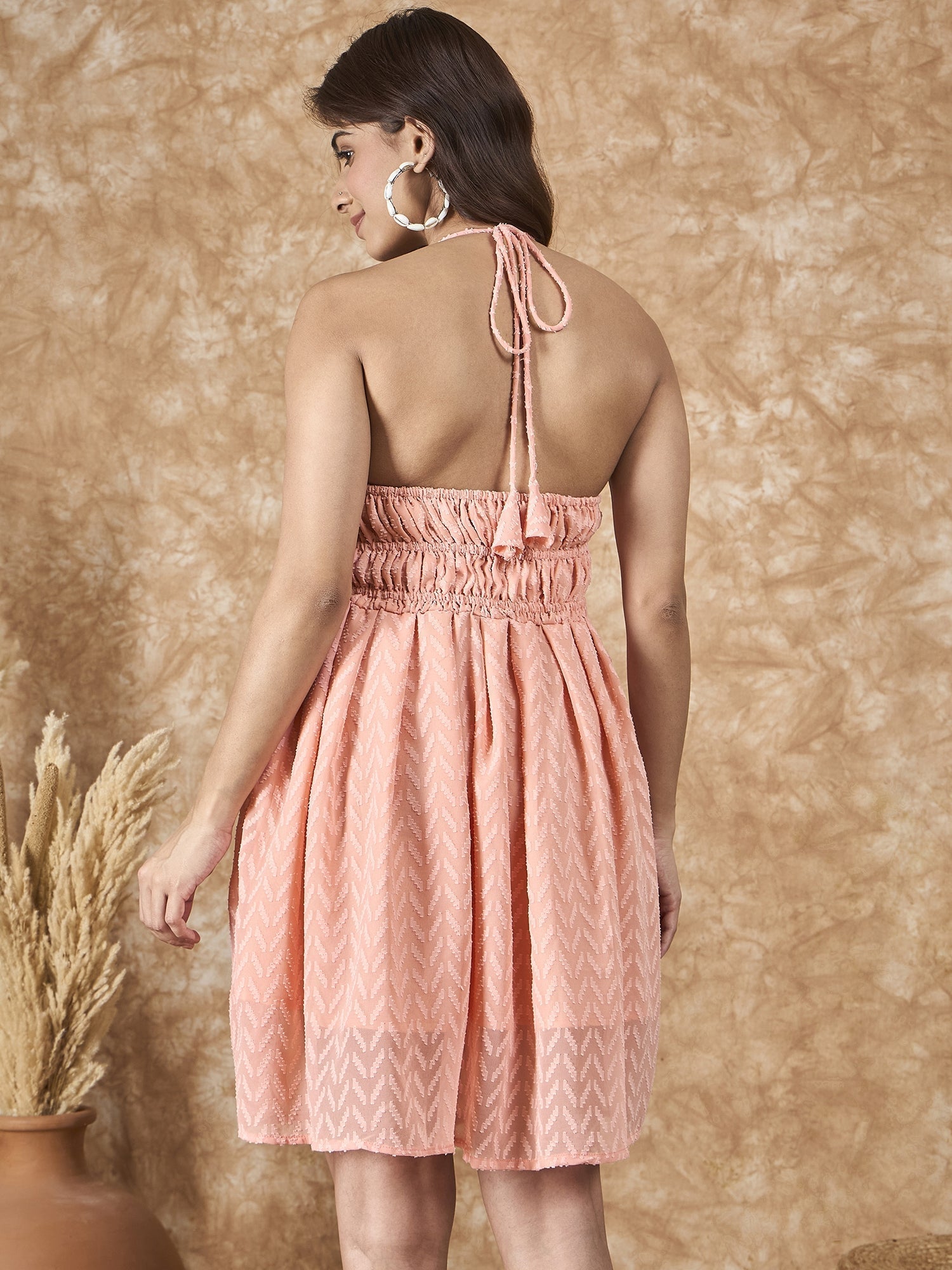 InWeave Peach Georgette Backless Dress 