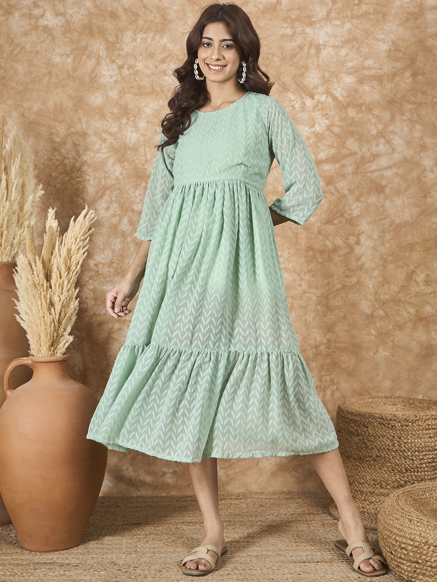 InWeave Mint Green Georgette R Neck Dress 