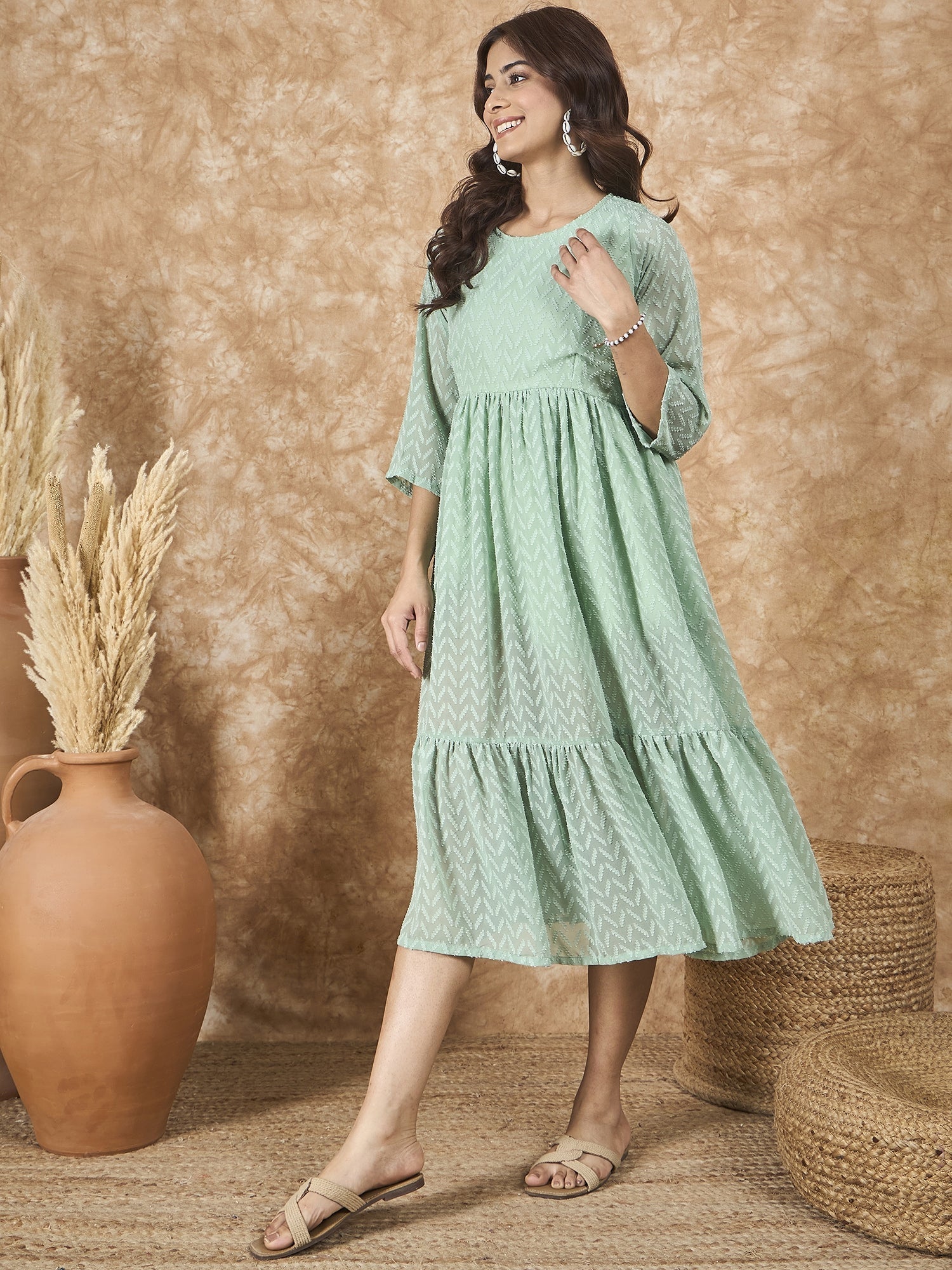 InWeave Mint Green Georgette R Neck Dress 