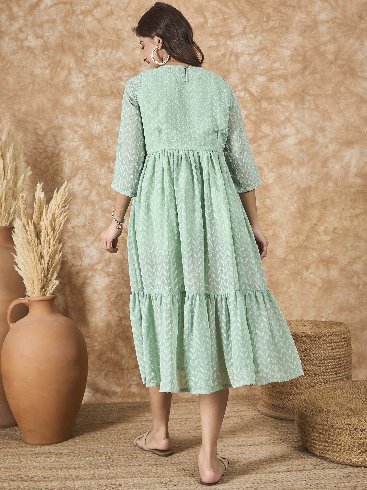 InWeave Mint Green Georgette R Neck Dress 