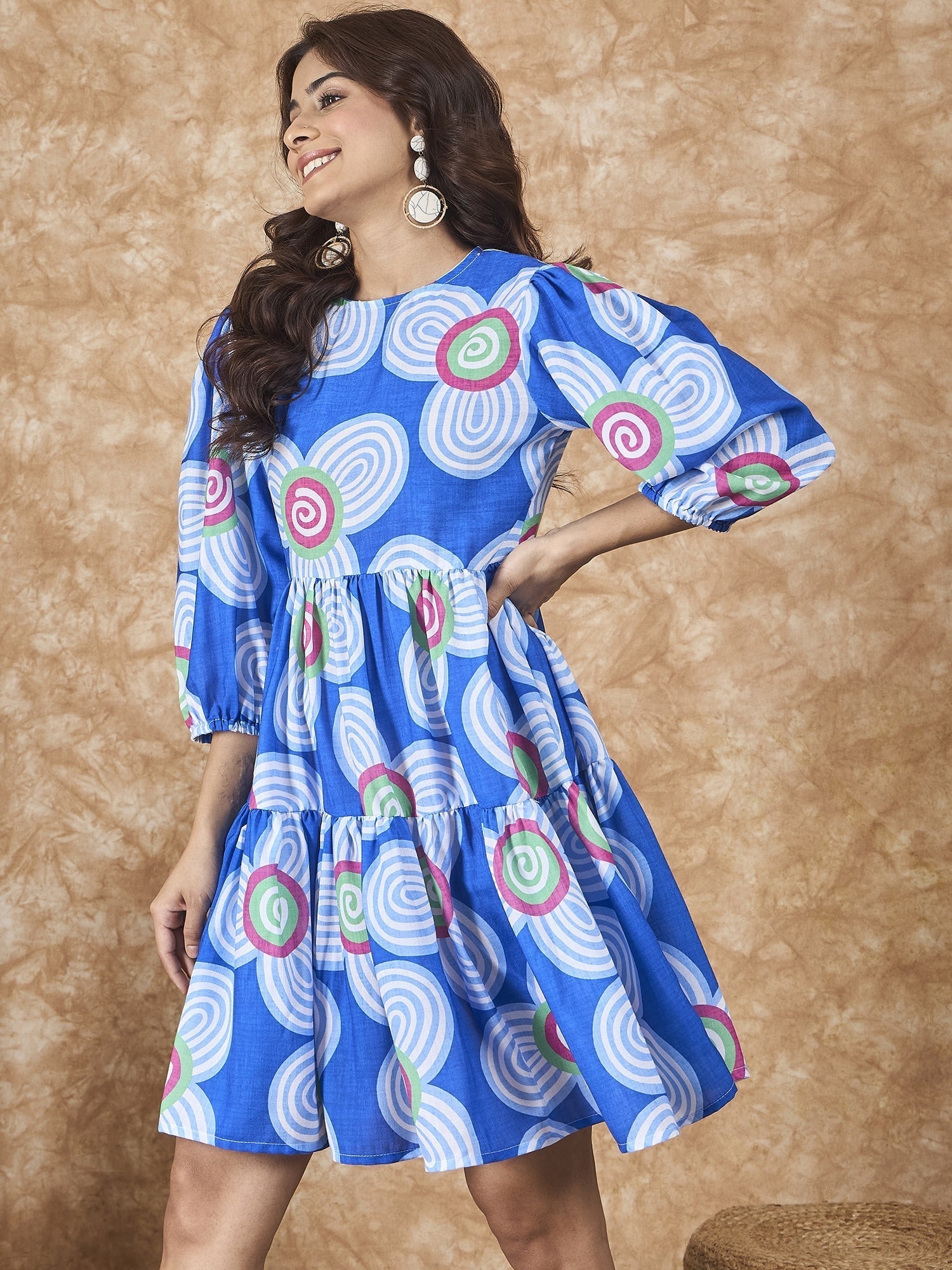 InWeave Blue White Flower Short Dress 