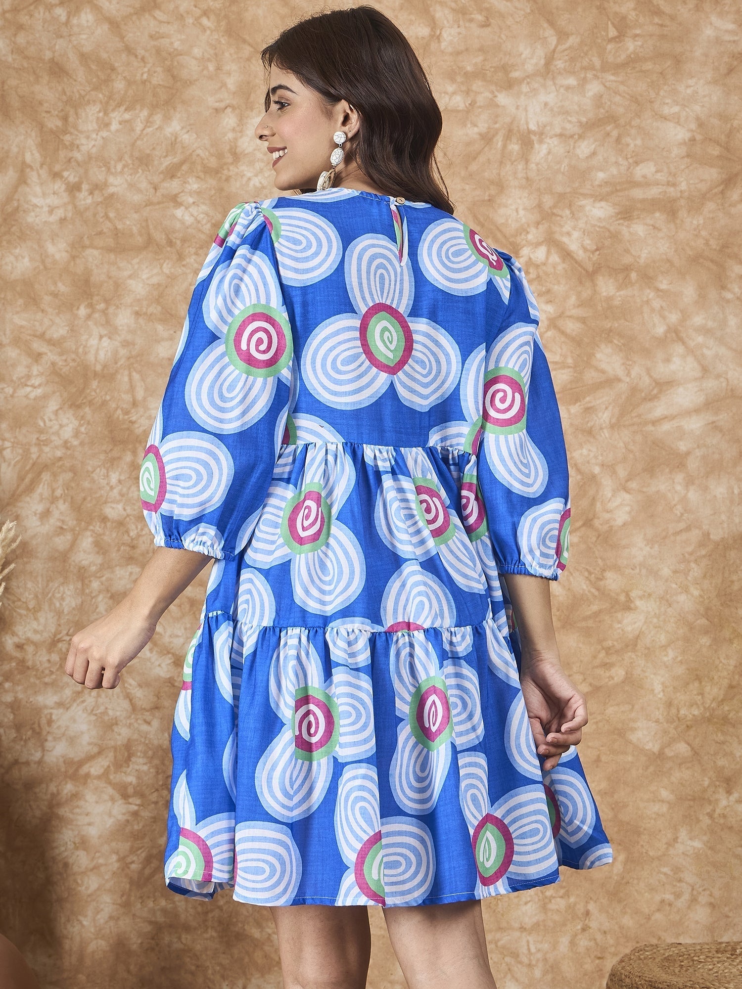 InWeave Blue White Flower Short Dress 