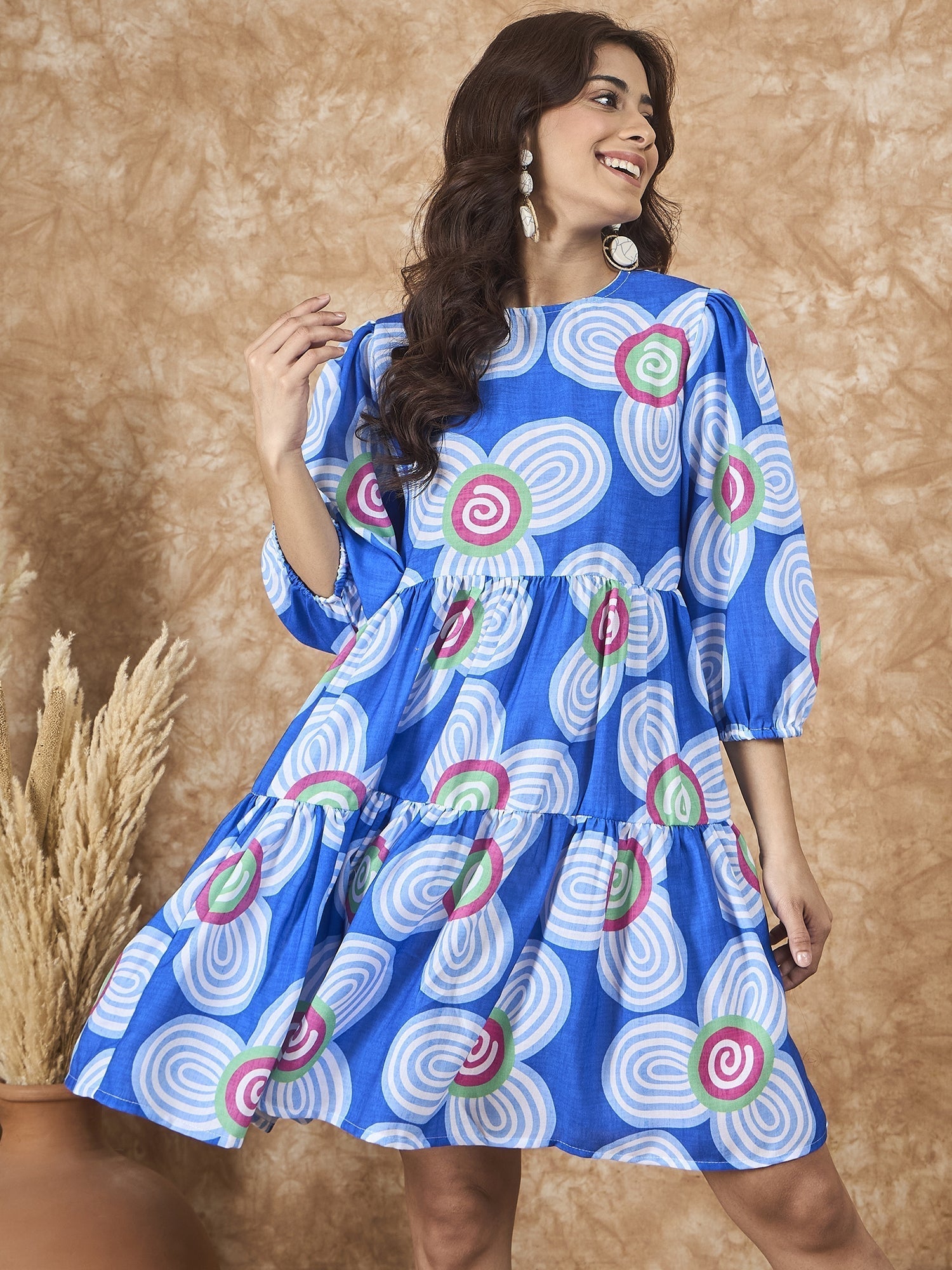 InWeave Blue White Flower Short Dress 