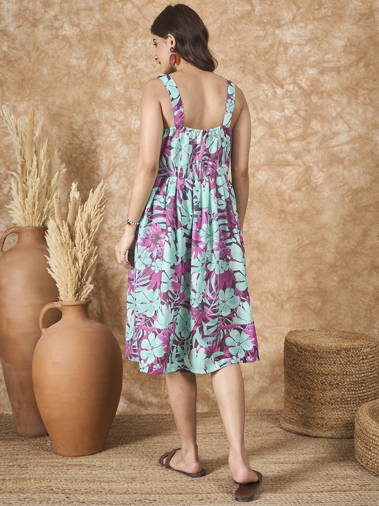 InWeave Green Purple Print Sweetheart Dress 