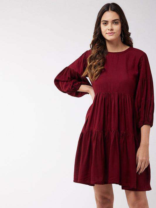 InWeave Women's Barn Red Flared Short Dress 