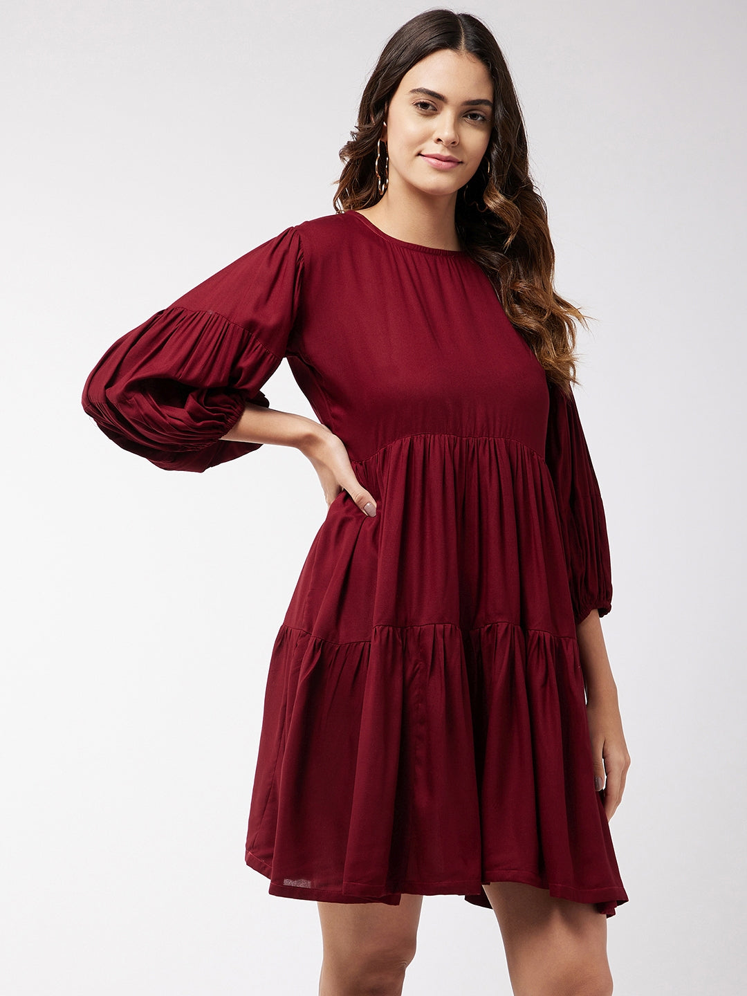 InWeave Women's Barn Red Flared Short Dress 